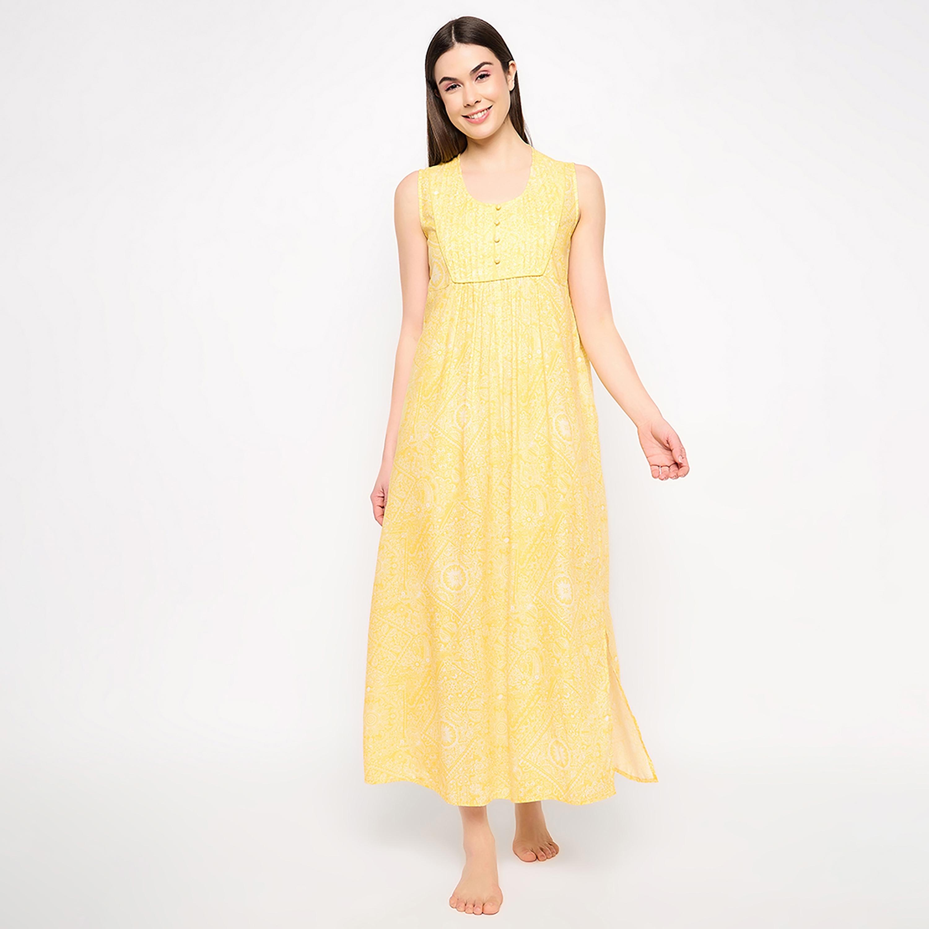 قميص نوم نسائي طويل مطبوع عليه بريتي مي بريتي باللون الأصفر من كلوفيا - رايون-women-clothing-nightwear-nighties-image-1
