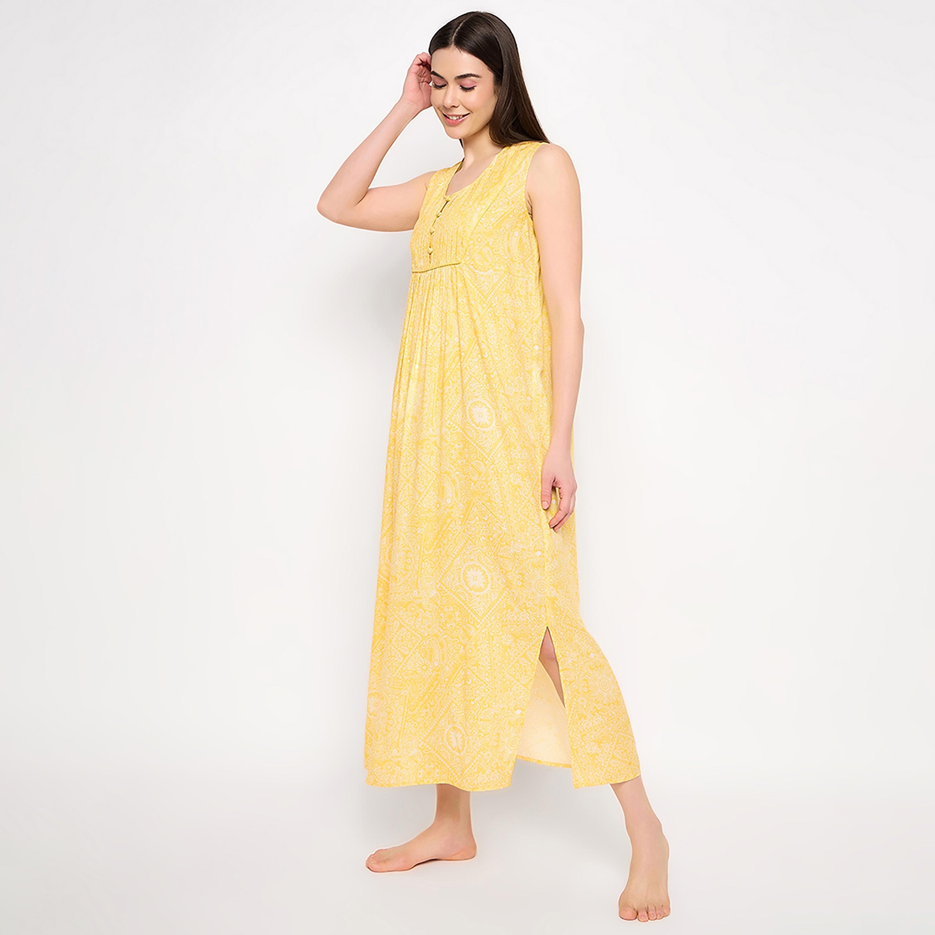 Clovia Print Me Pretty Long Women's Nighty in Yellow - Rayon-women-clothing-nightwear-nighties-image-2