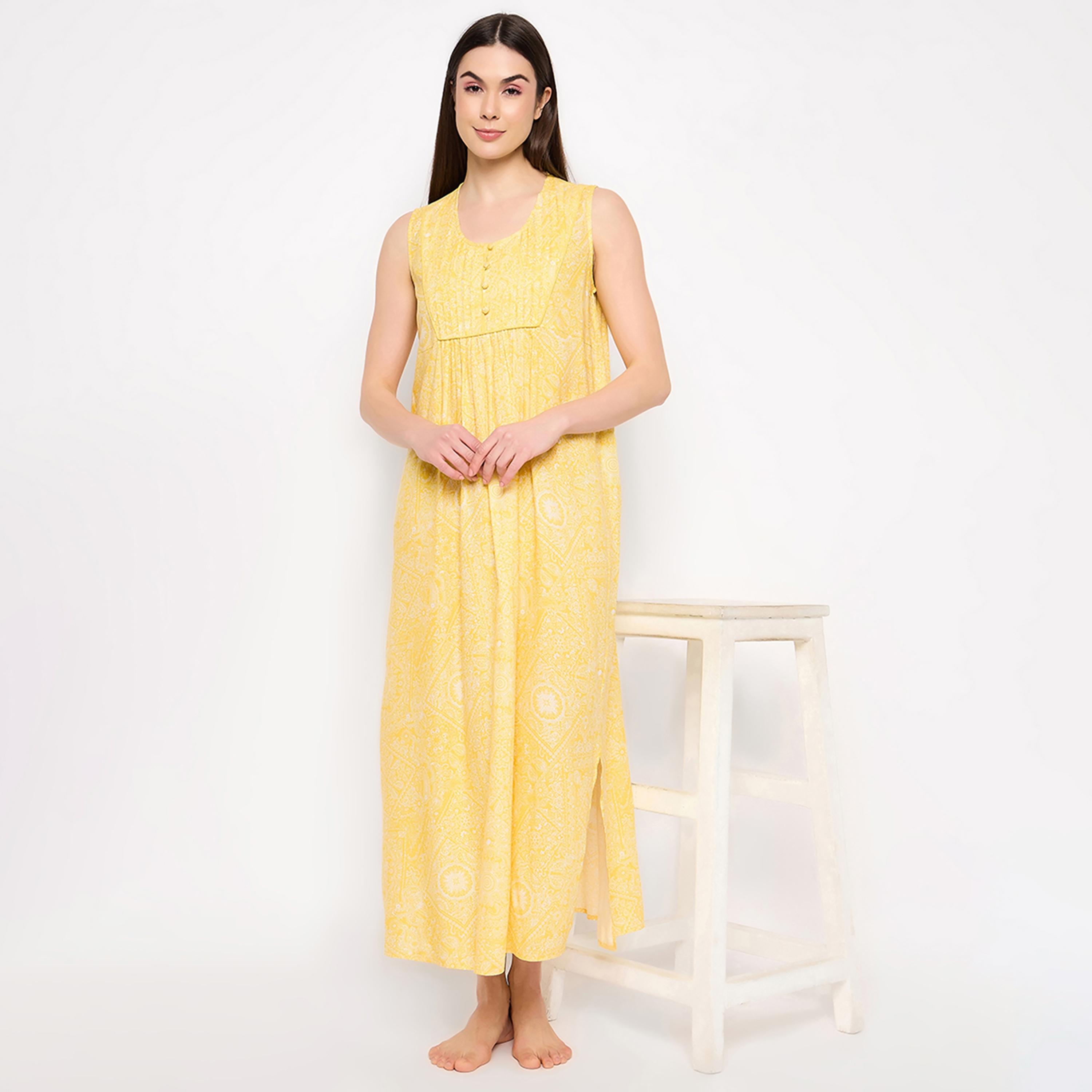 Clovia Print Me Pretty Long Women's Nighty in Yellow - Rayon-women-clothing-nightwear-nighties-image-6