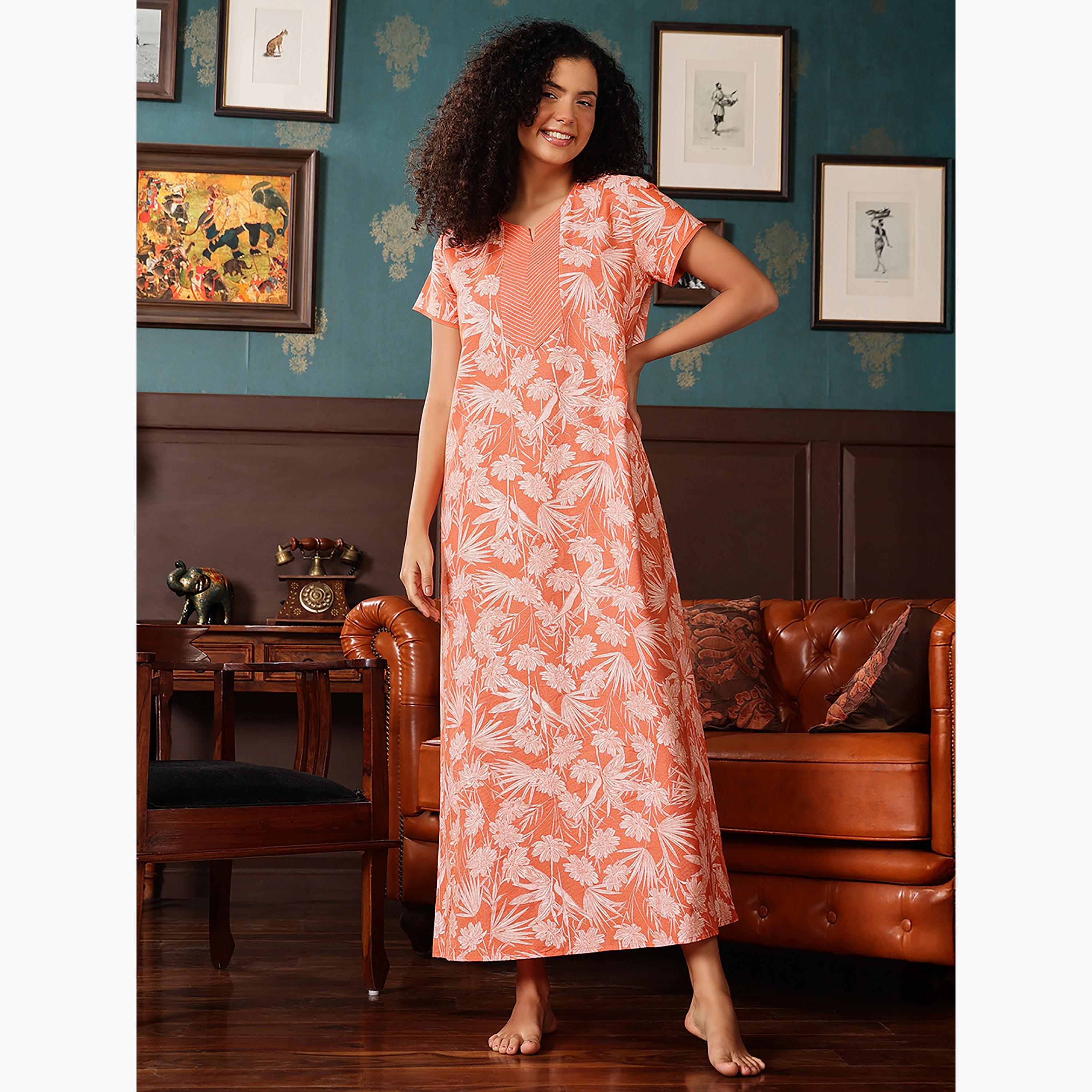Clovia Printed Long Women's Nighty in Orange - Cotton-women-clothing-nightwear-nighties-image-1