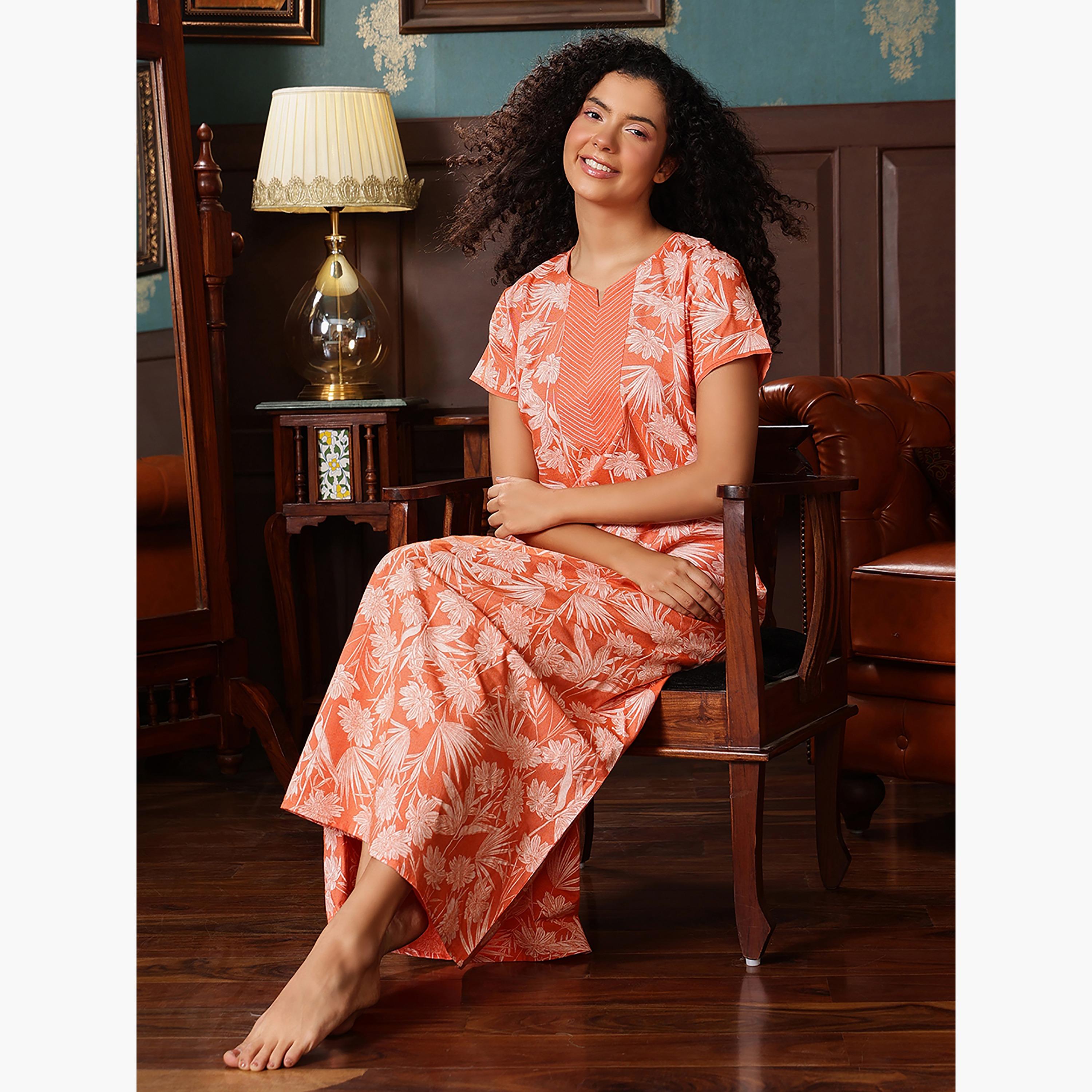 Clovia Printed Long Women's Nighty in Orange - Cotton-women-clothing-nightwear-nighties-image-2