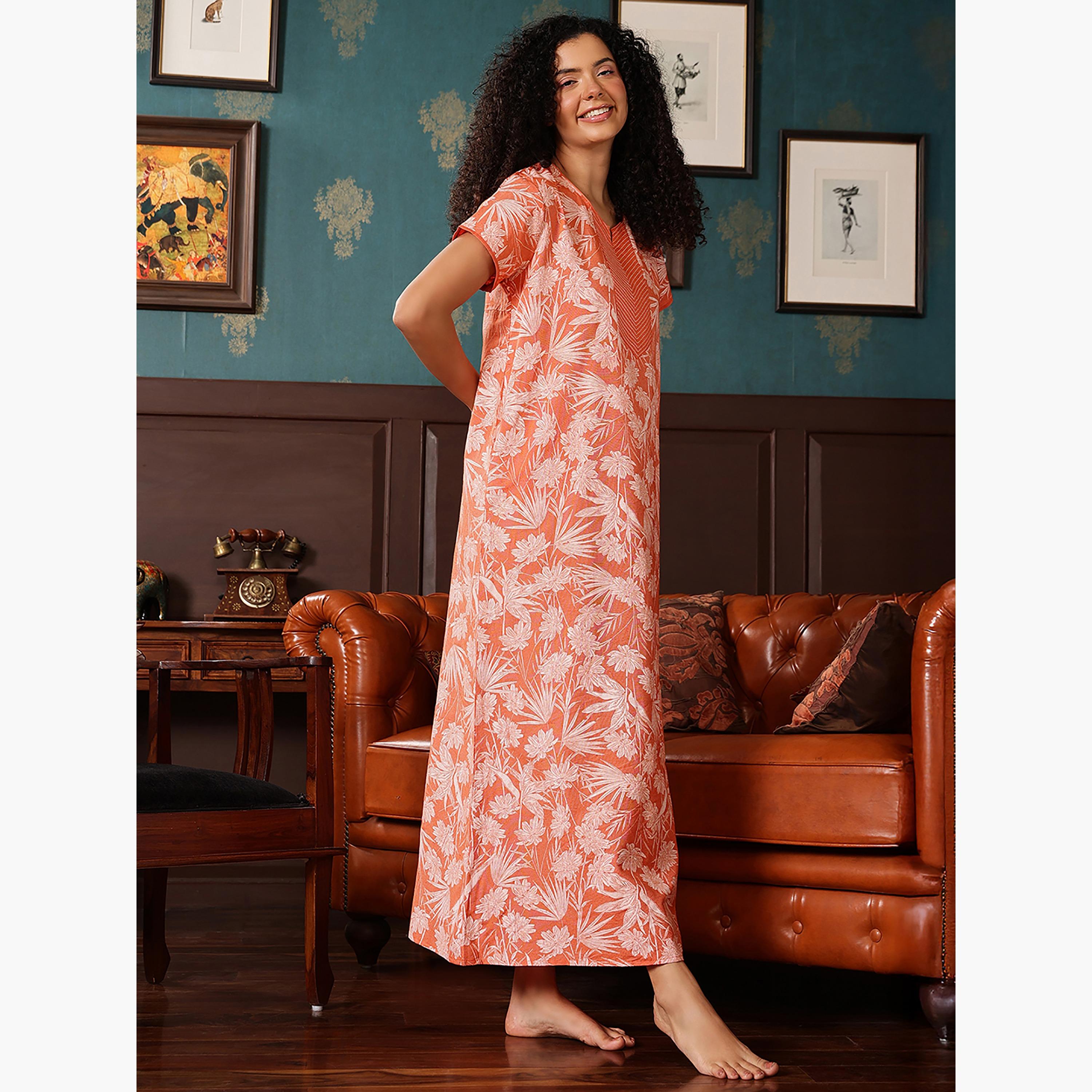Clovia Printed Long Women's Nighty in Orange - Cotton-women-clothing-nightwear-nighties-image-3