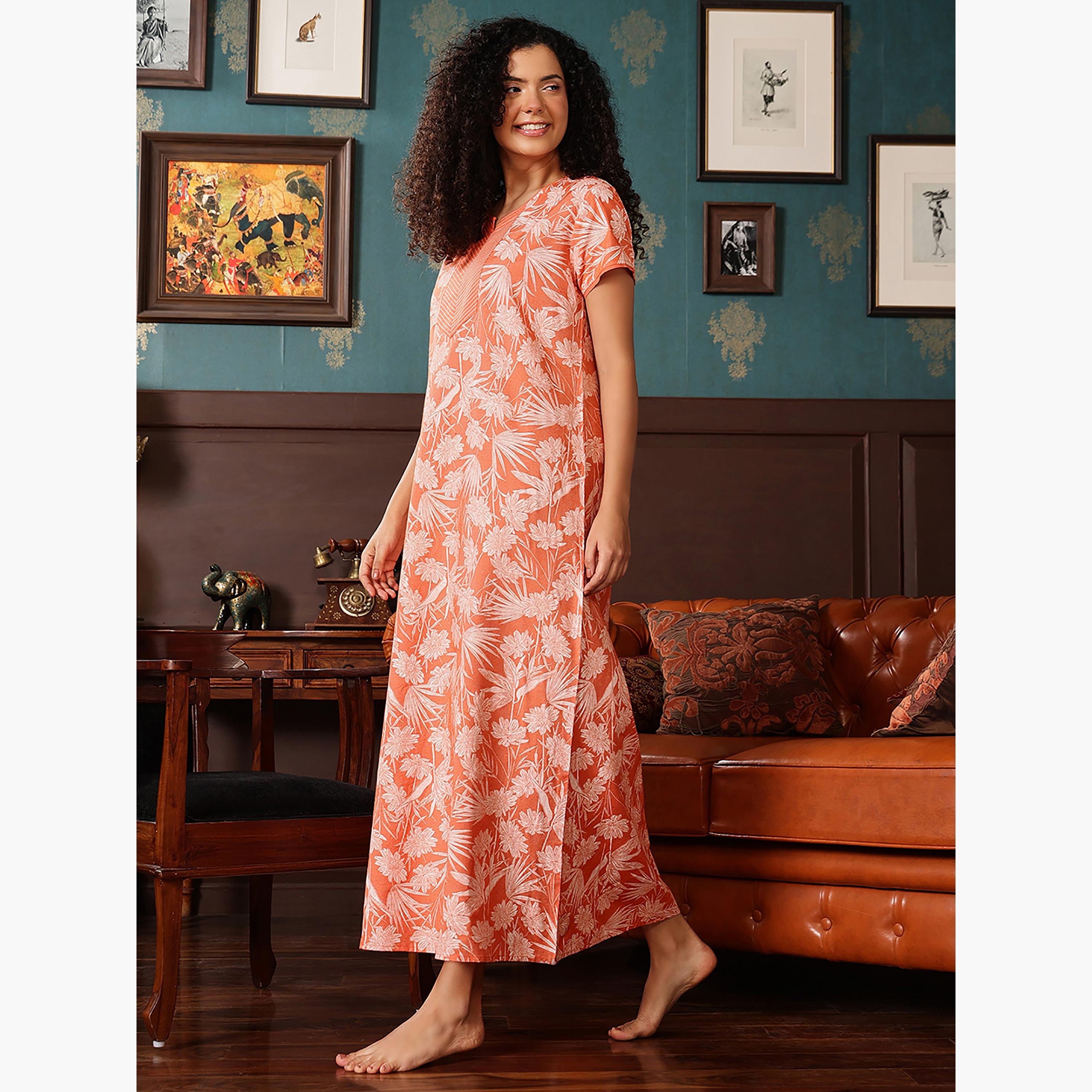 Clovia Printed Long Women's Nighty in Orange - Cotton-women-clothing-nightwear-nighties-image-4