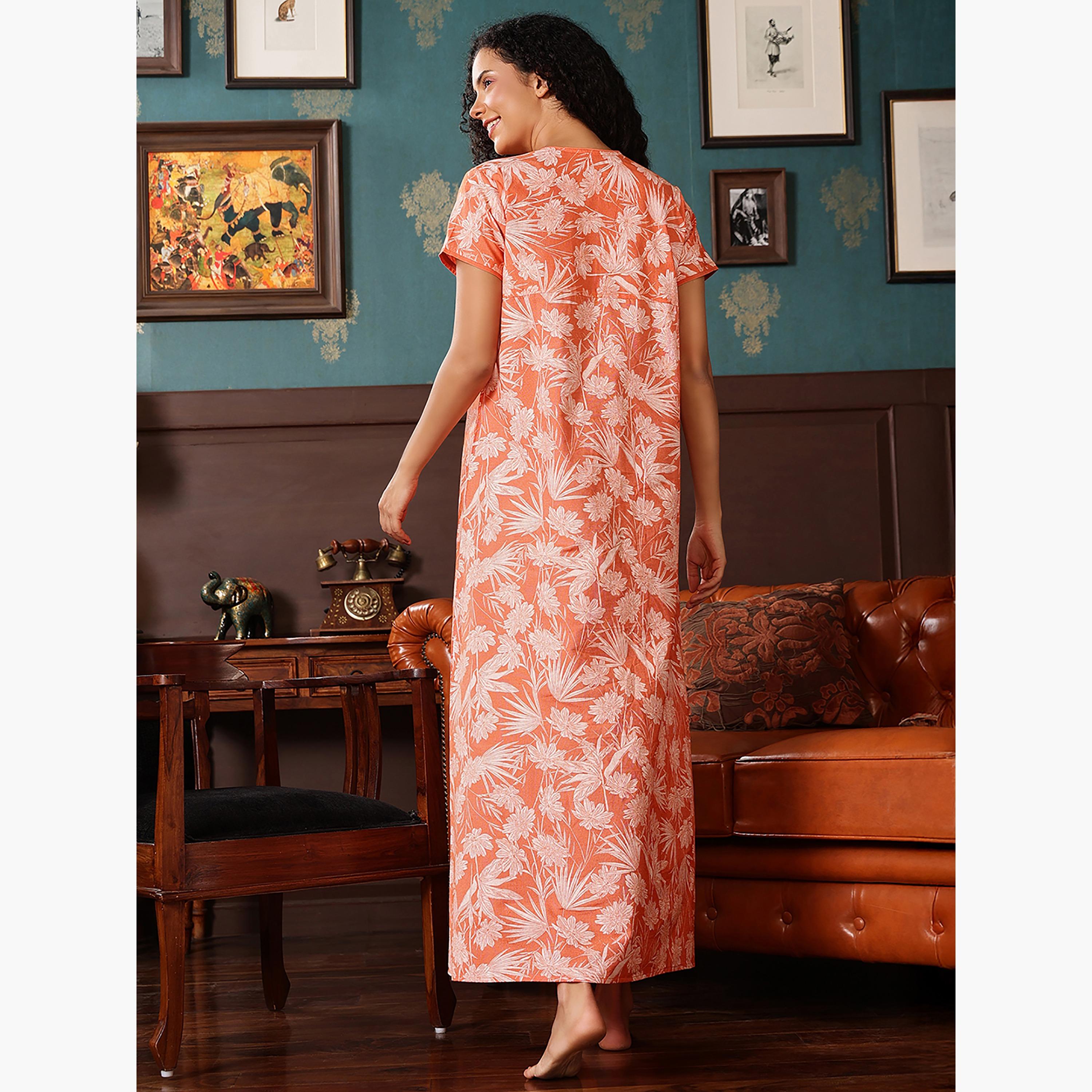Clovia Printed Long Women's Nighty in Orange - Cotton-women-clothing-nightwear-nighties-image-5