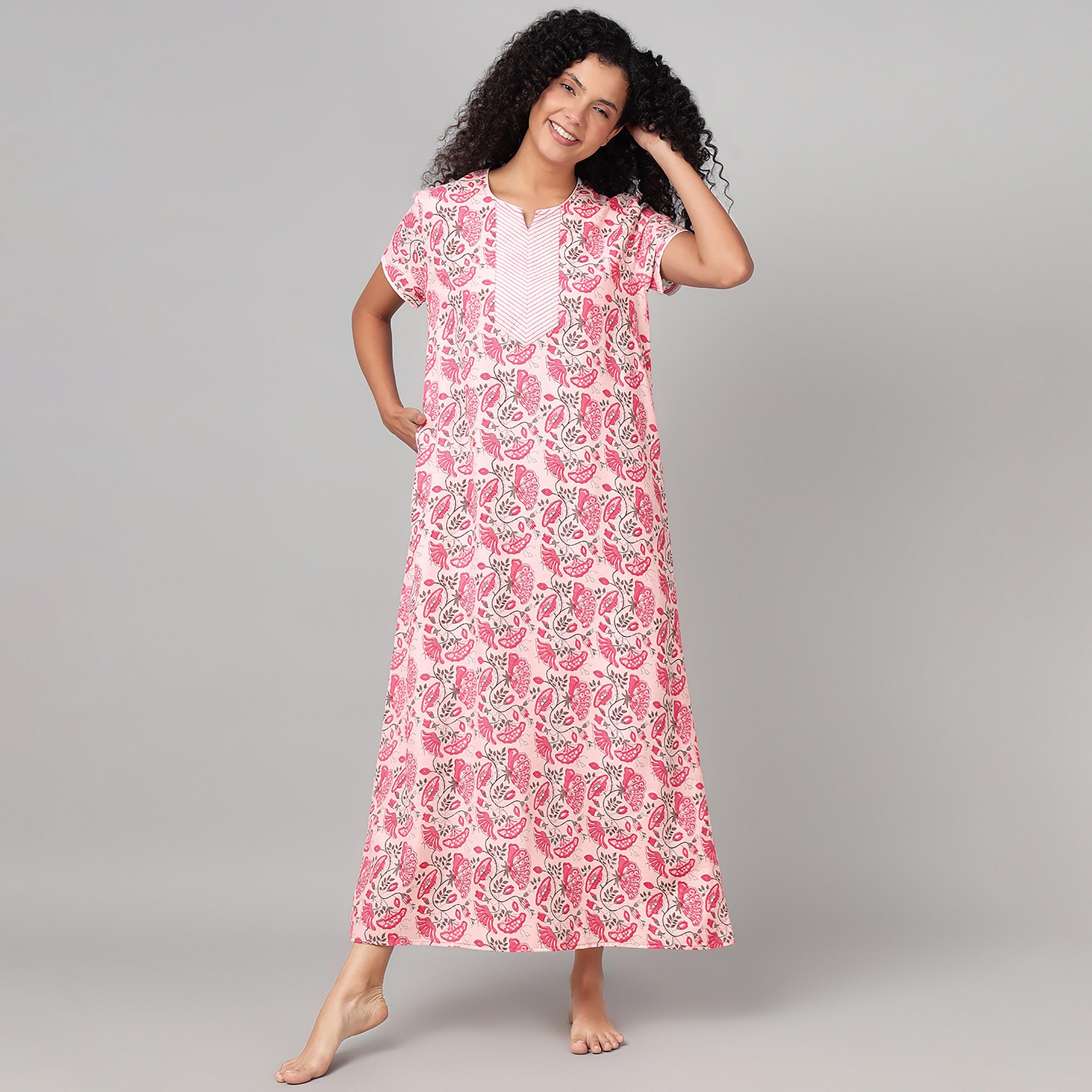 Clovia Floral Print Long Women's Nighty in Pink - Cotton-women-clothing-nightwear-nighties-image-1