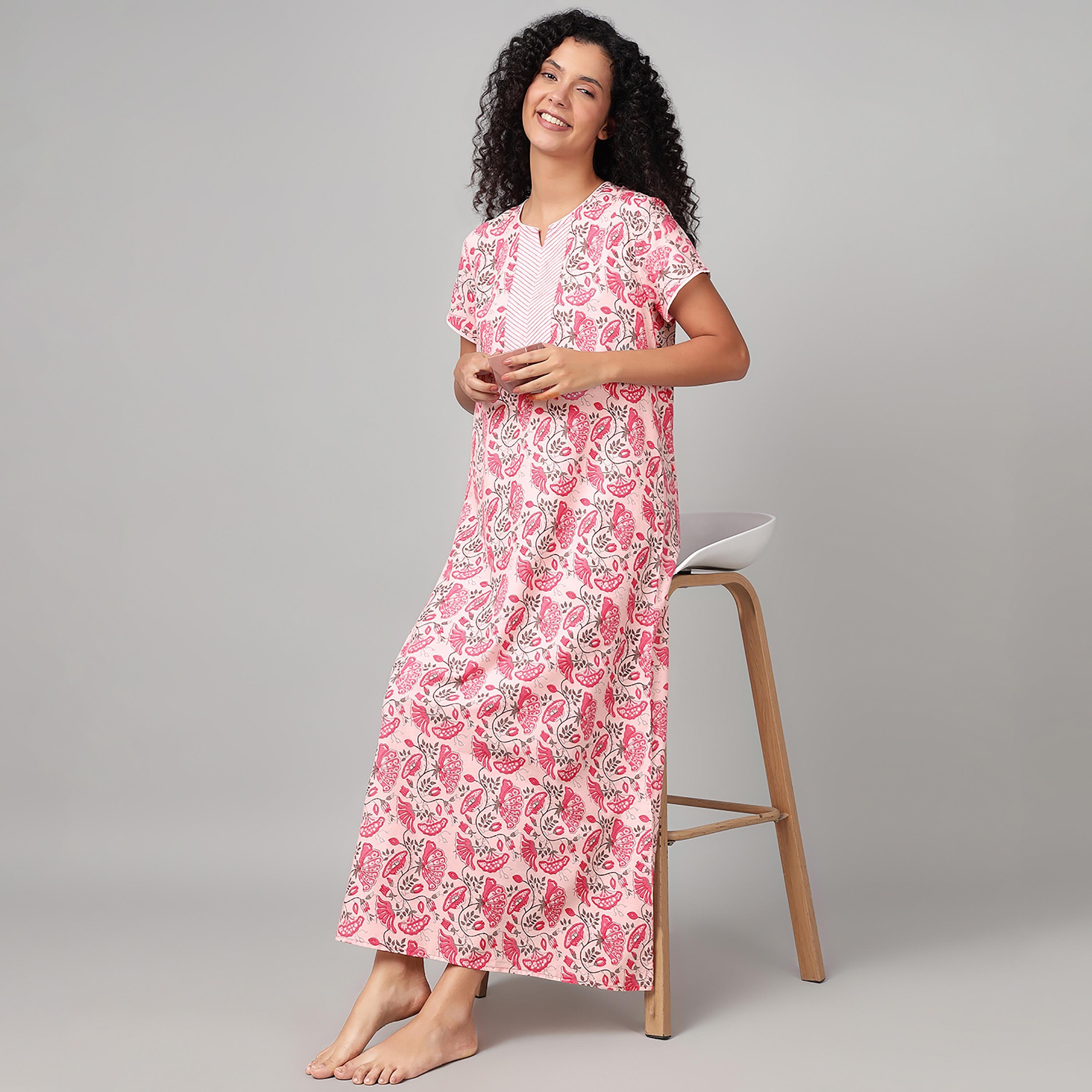 Clovia Floral Print Long Women's Nighty in Pink - Cotton-women-clothing-nightwear-nighties-image-2