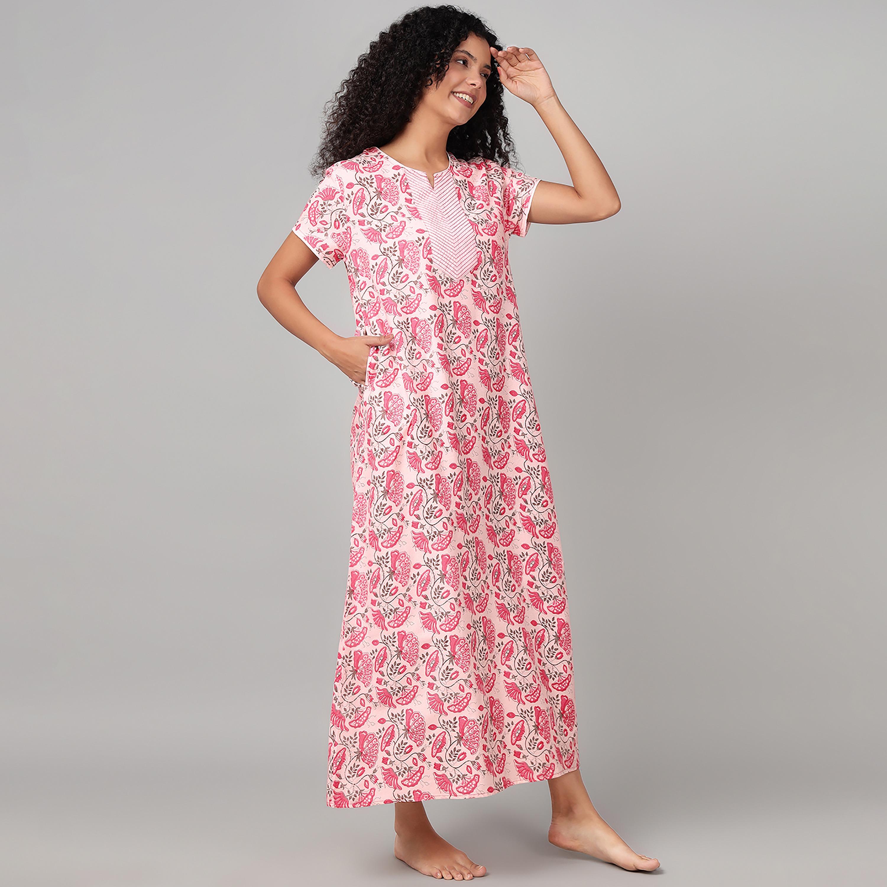 Clovia Floral Print Long Women's Nighty in Pink - Cotton-women-clothing-nightwear-nighties-image-3