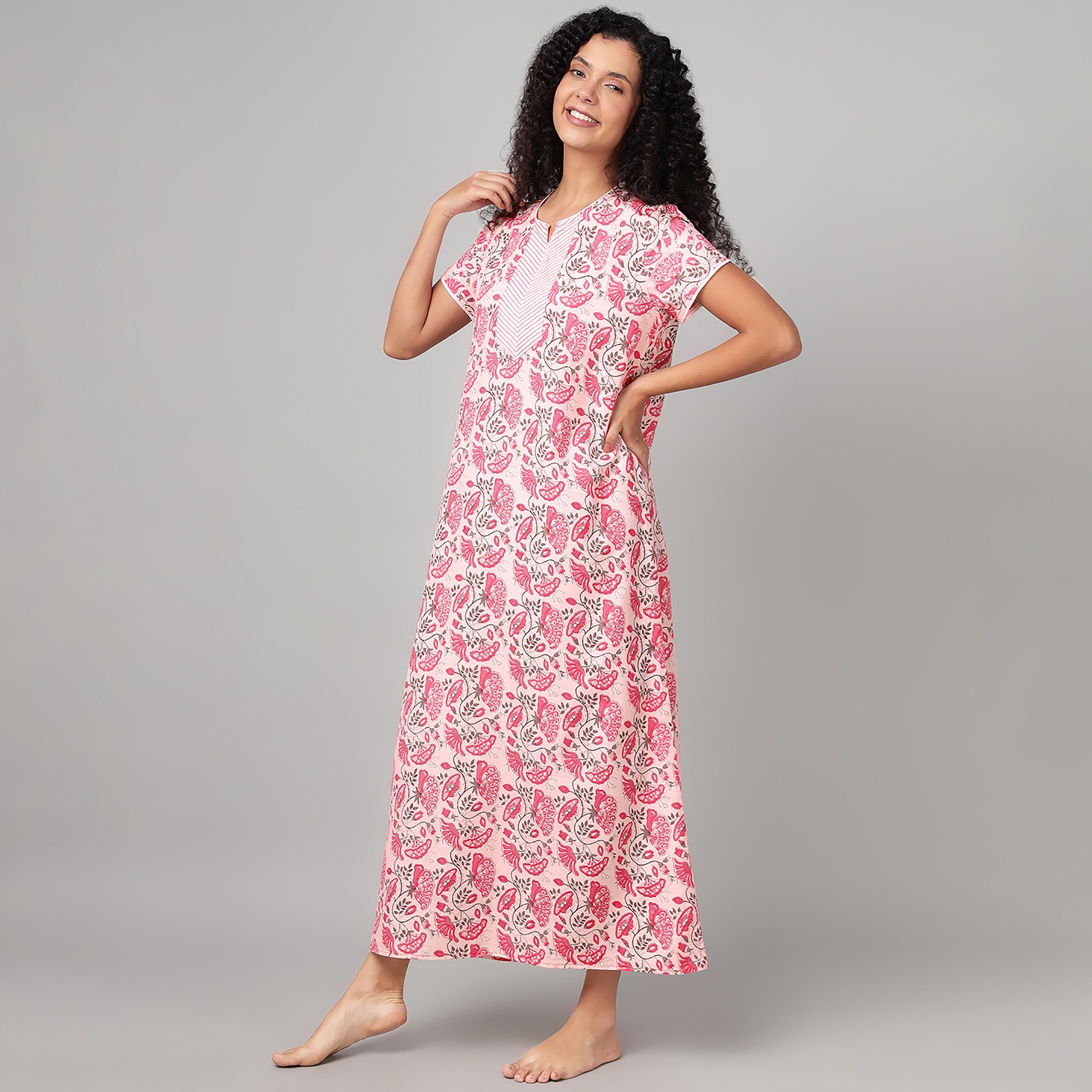Clovia Floral Print Long Women's Nighty in Pink - Cotton-women-clothing-nightwear-nighties-image-4