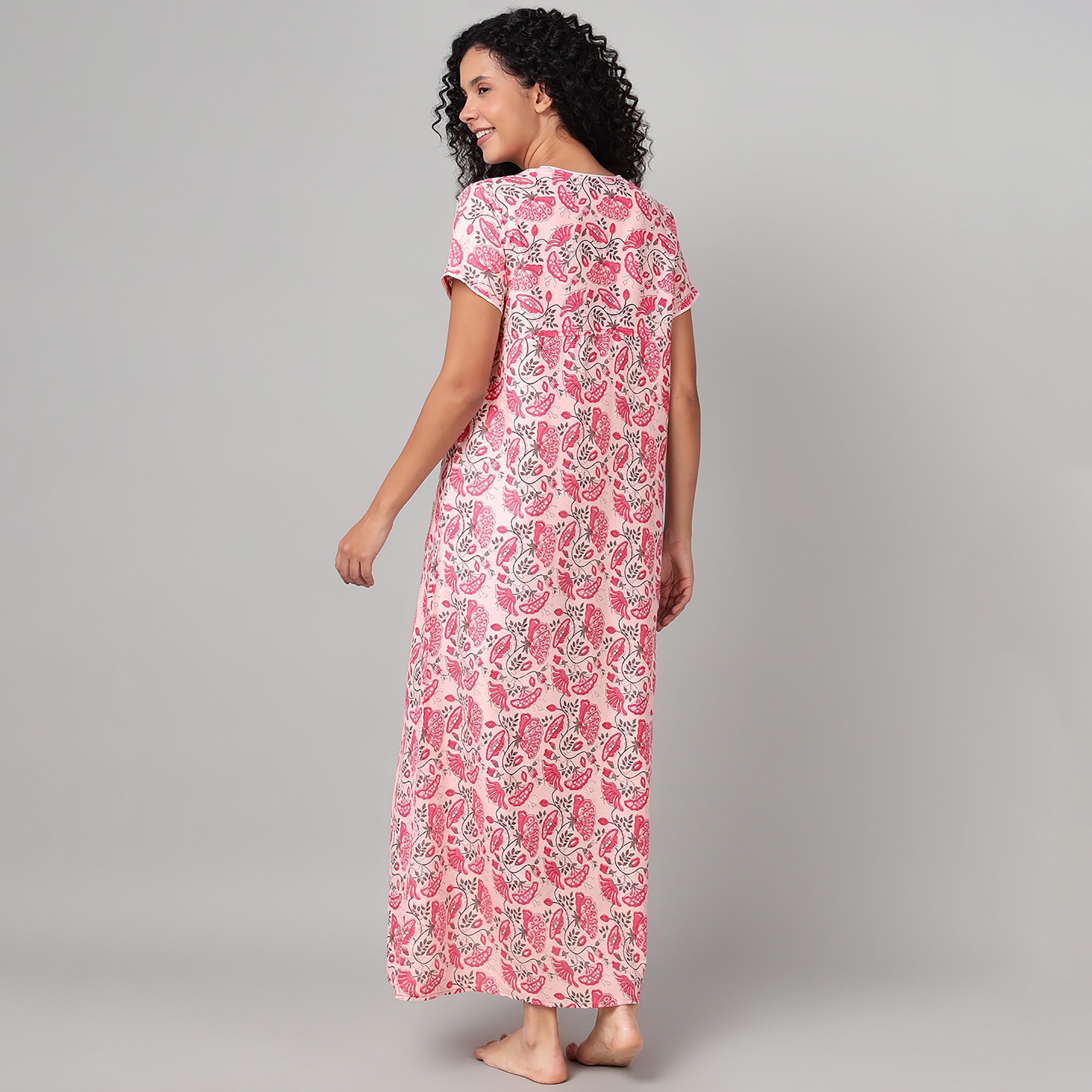 Clovia Floral Print Long Women's Nighty in Pink - Cotton-women-clothing-nightwear-nighties-image-5