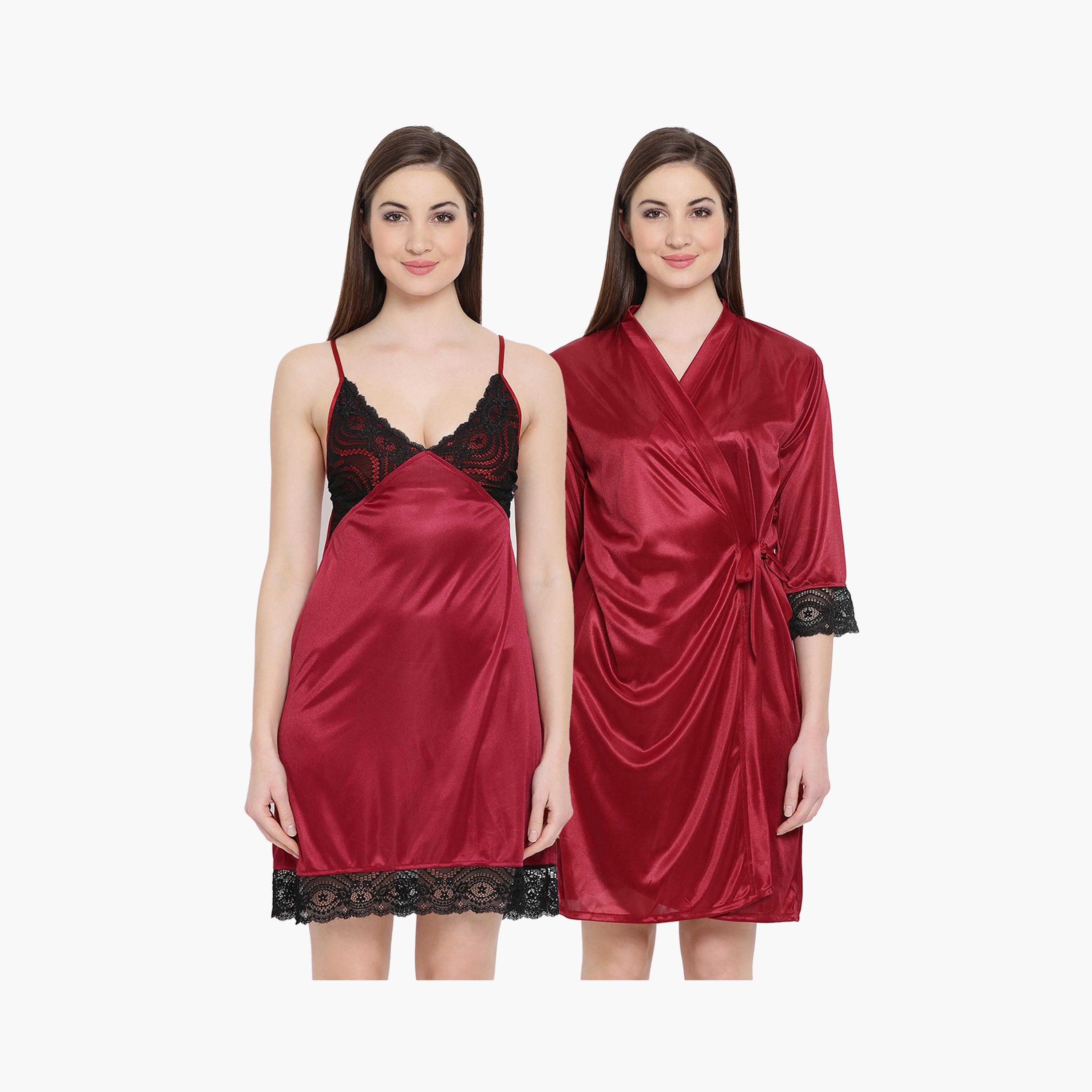 Clovia Short Women's Night Dress & Robe Set in Maroon - Satin-women-clothing-nightwear-pyjamas-longsets-image-1