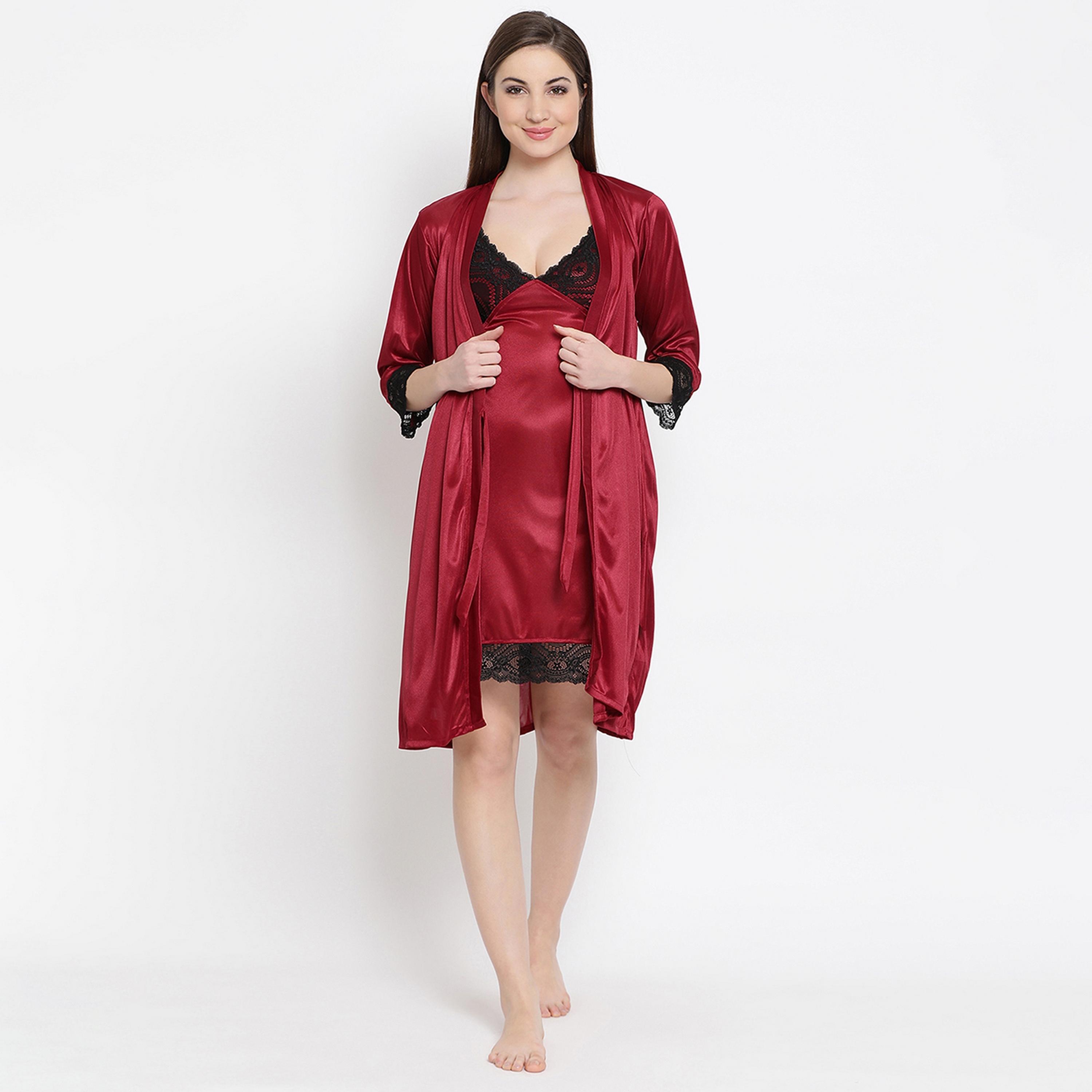Clovia Short Women's Night Dress & Robe Set in Maroon - Satin-women-clothing-nightwear-pyjamas-longsets-image-2