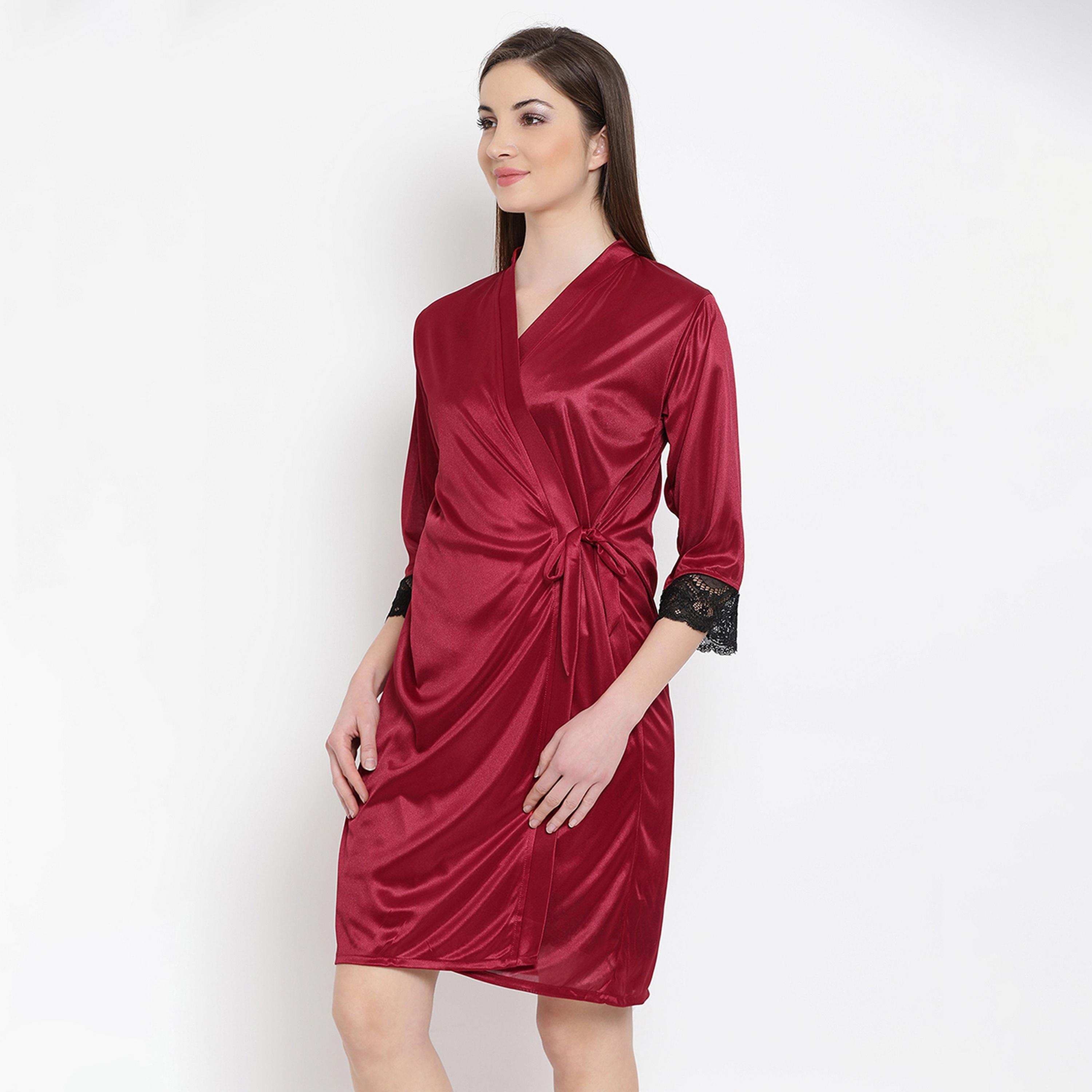 Clovia Short Women's Night Dress & Robe Set in Maroon - Satin-women-clothing-nightwear-pyjamas-longsets-image-4