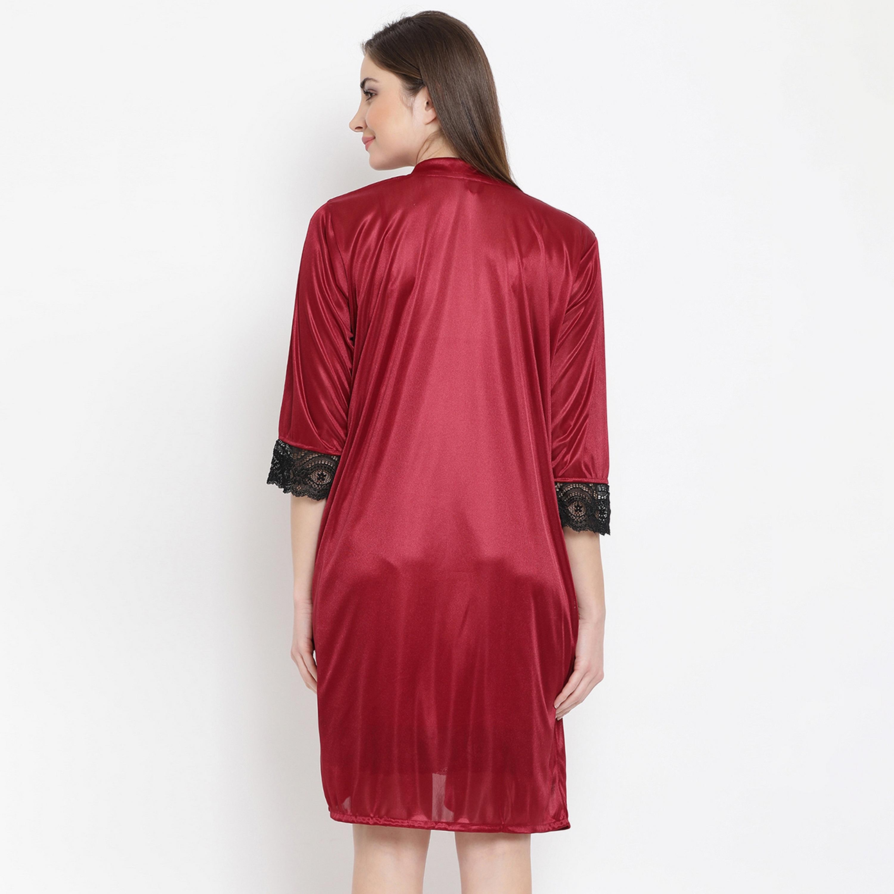 Clovia Short Women's Night Dress & Robe Set in Maroon - Satin-women-clothing-nightwear-pyjamas-longsets-image-5