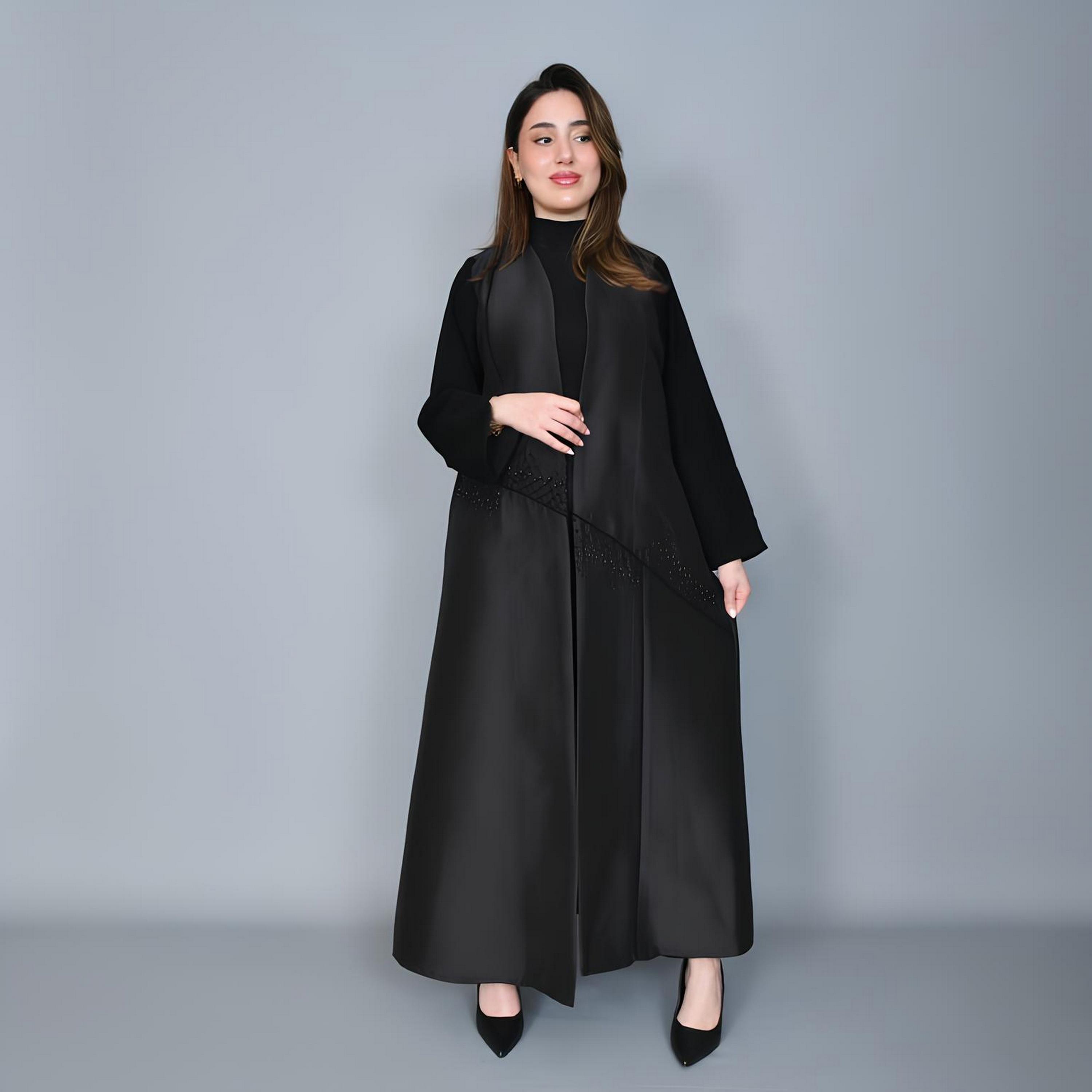 Hawraa Black Beaded Linen Women's Evening Abaya-women-arabicclothing-abayas-image-1