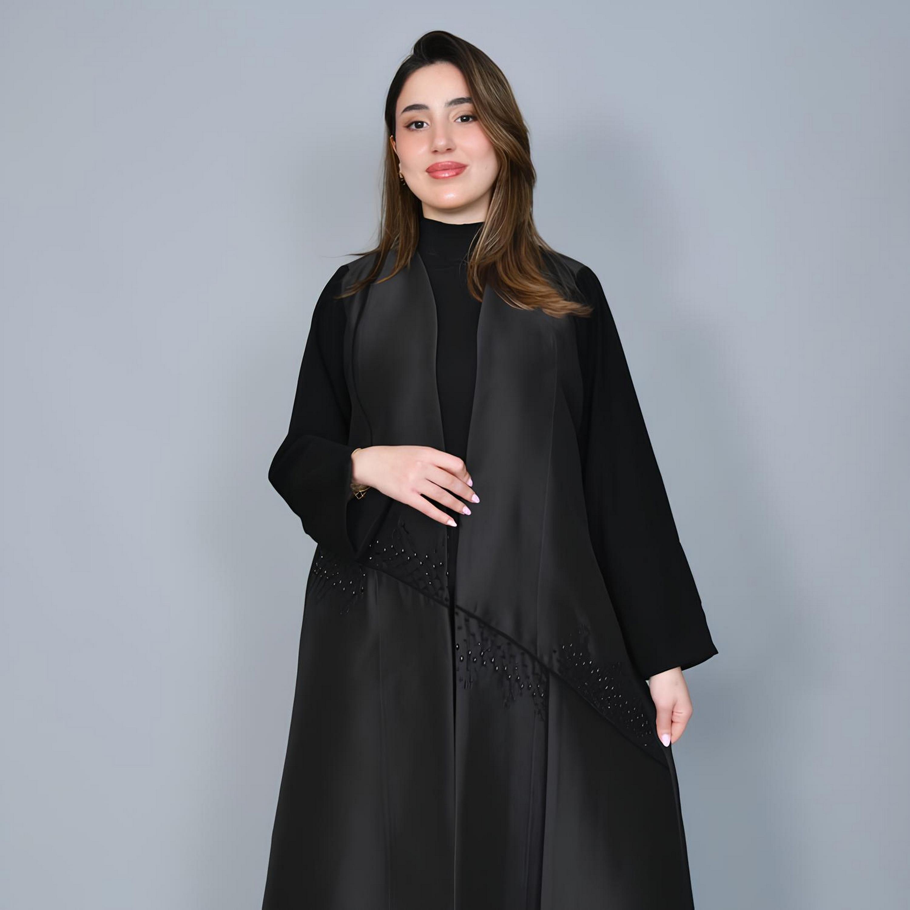 Hawraa Black Beaded Linen Women's Evening Abaya-women-arabicclothing-abayas-image-2