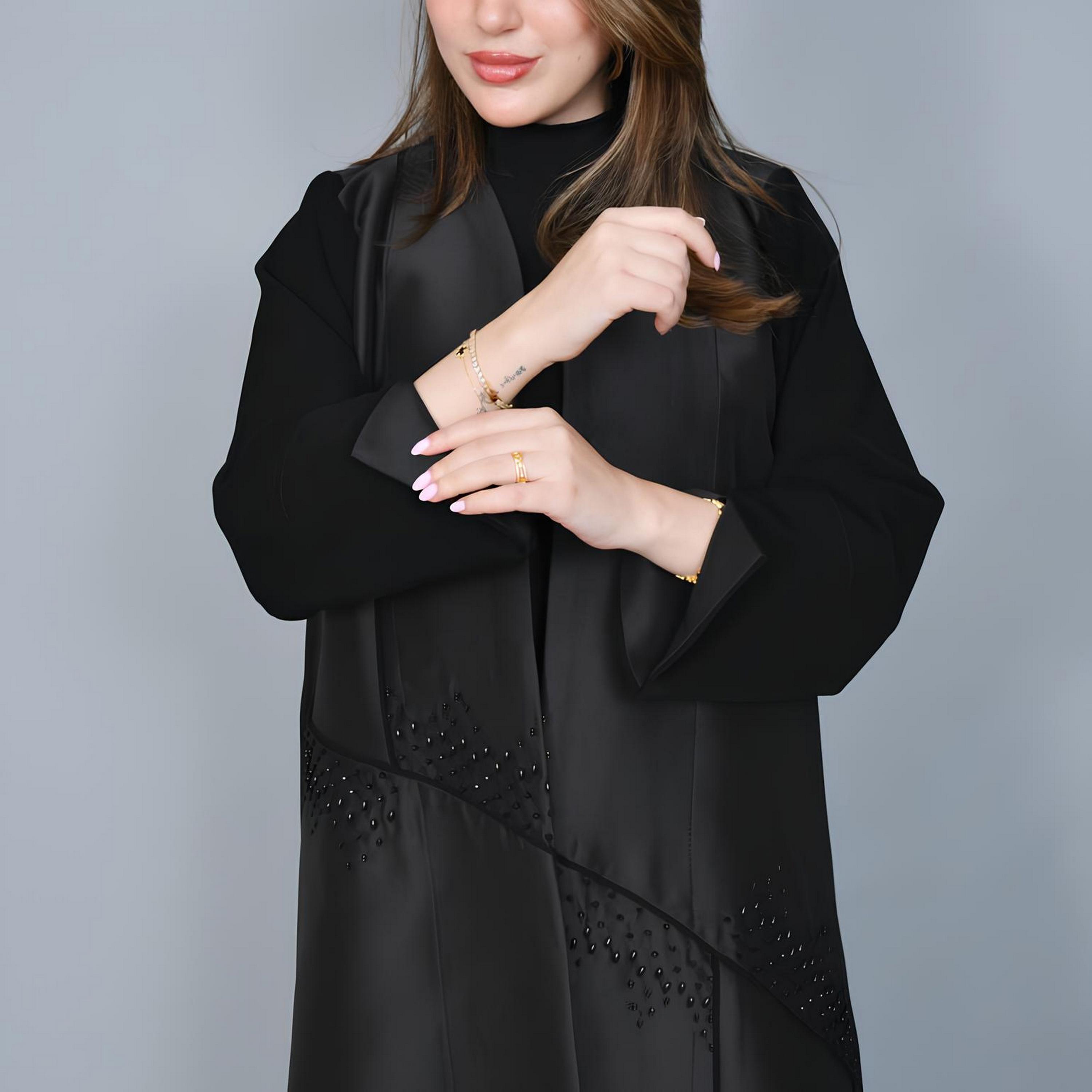 Hawraa Black Beaded Linen Women's Evening Abaya-women-arabicclothing-abayas-image-3
