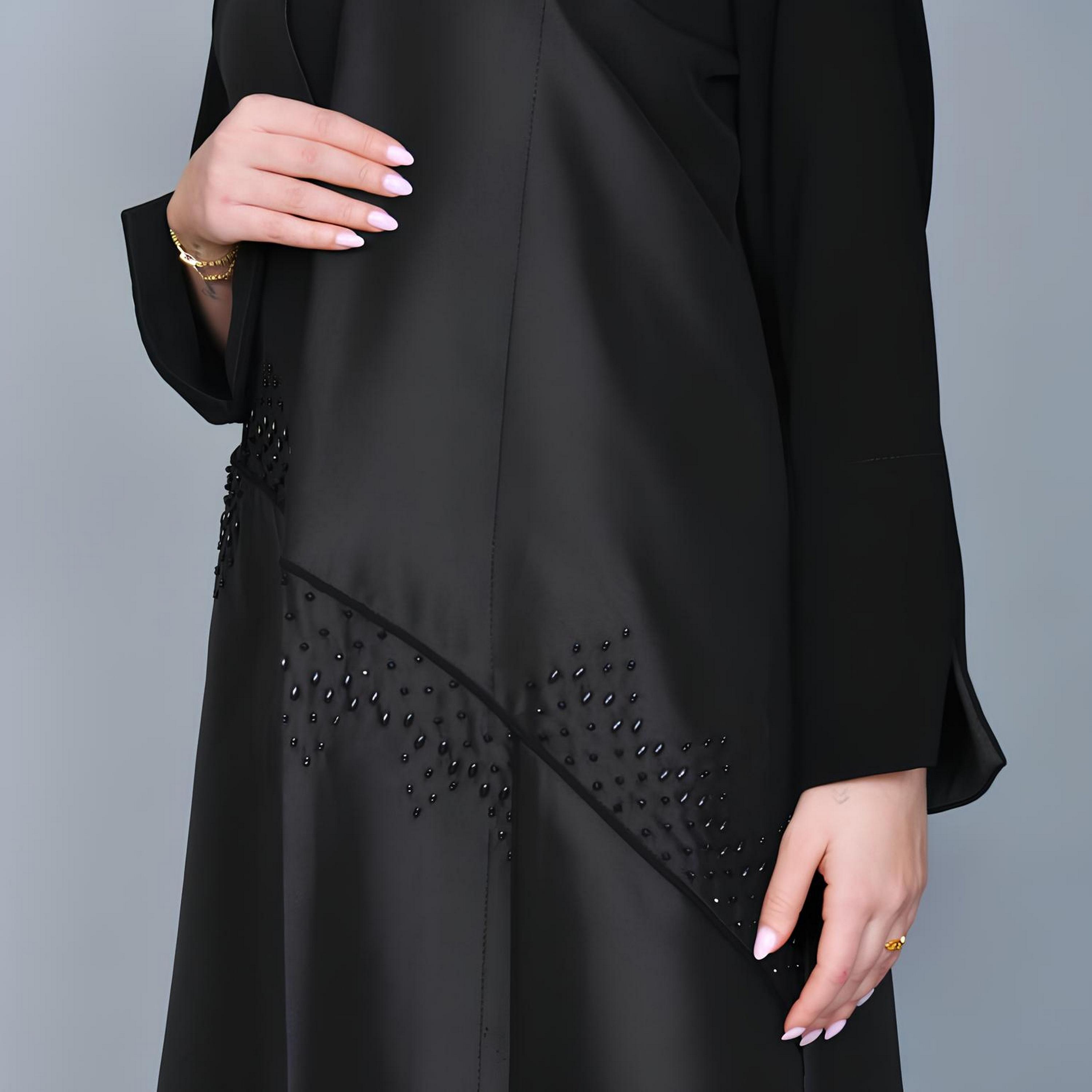 Hawraa Black Beaded Linen Women's Evening Abaya-women-arabicclothing-abayas-image-4