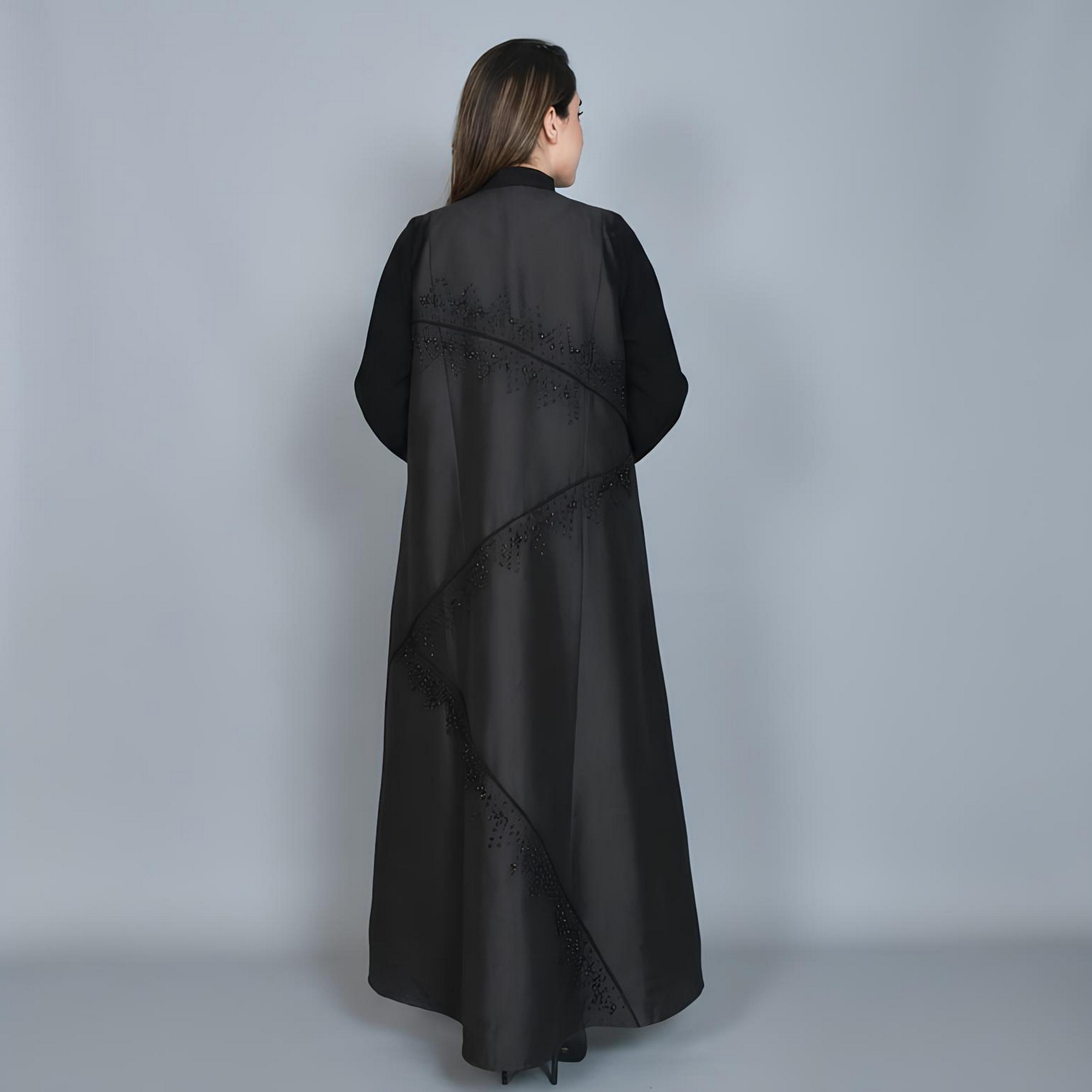 Hawraa Black Beaded Linen Women's Evening Abaya-women-arabicclothing-abayas-image-5
