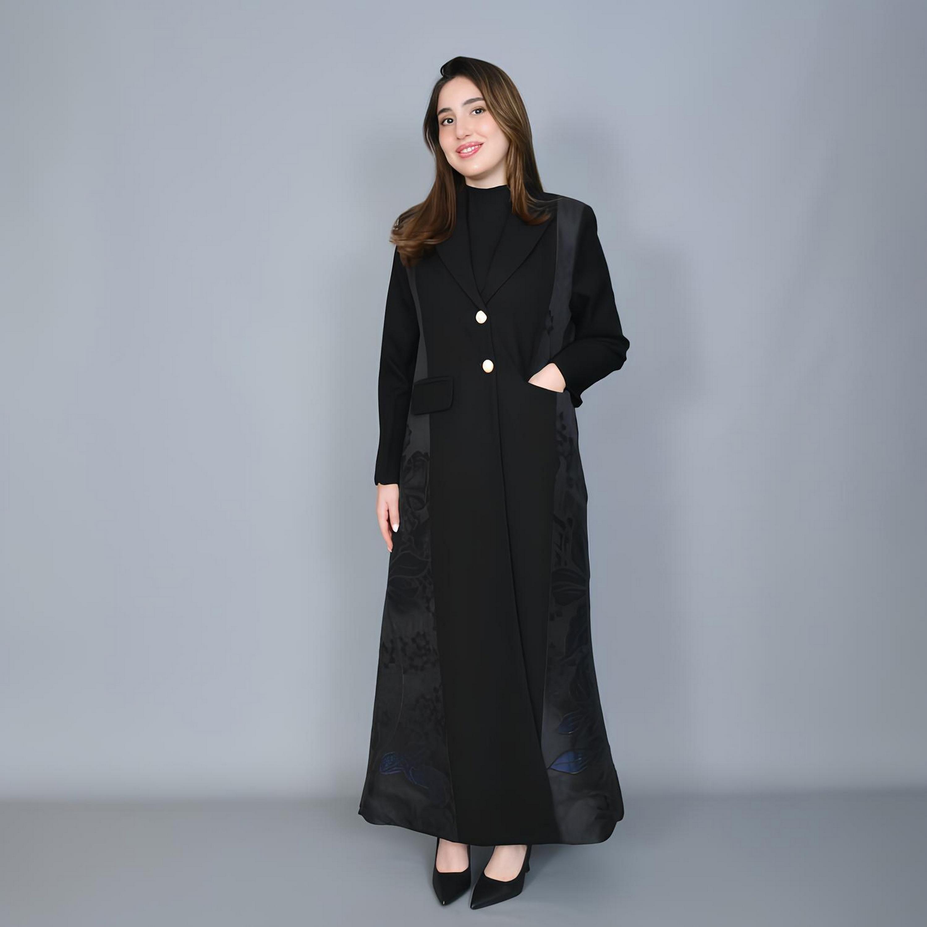 Hawraa Black Jacquard Floral Lapel Collar Linen Women's Formal Blazer Style Abaya-women-arabicclothing-abayas-image-1