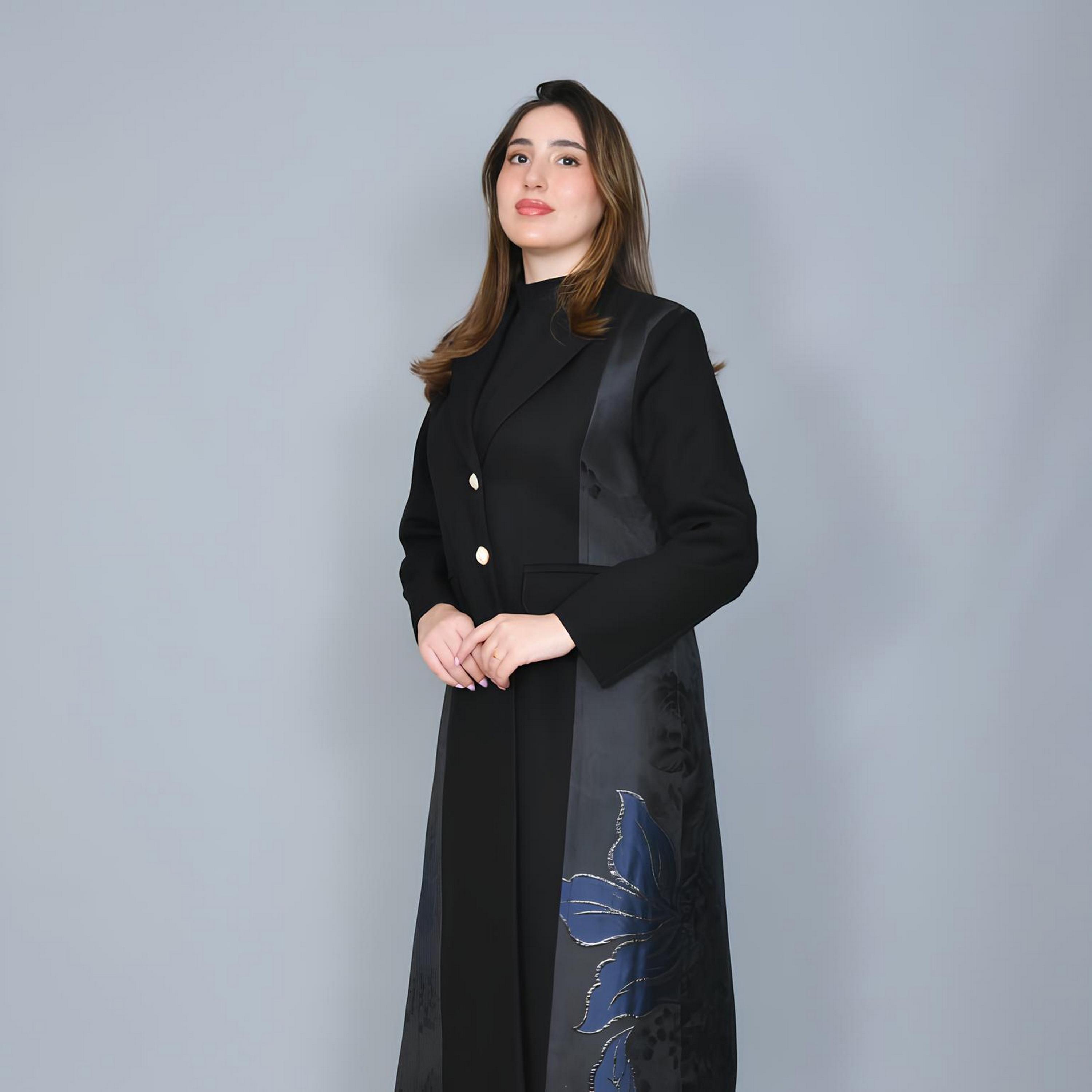 Hawraa Black Jacquard Floral Lapel Collar Linen Women's Formal Blazer Style Abaya-women-arabicclothing-abayas-image-2