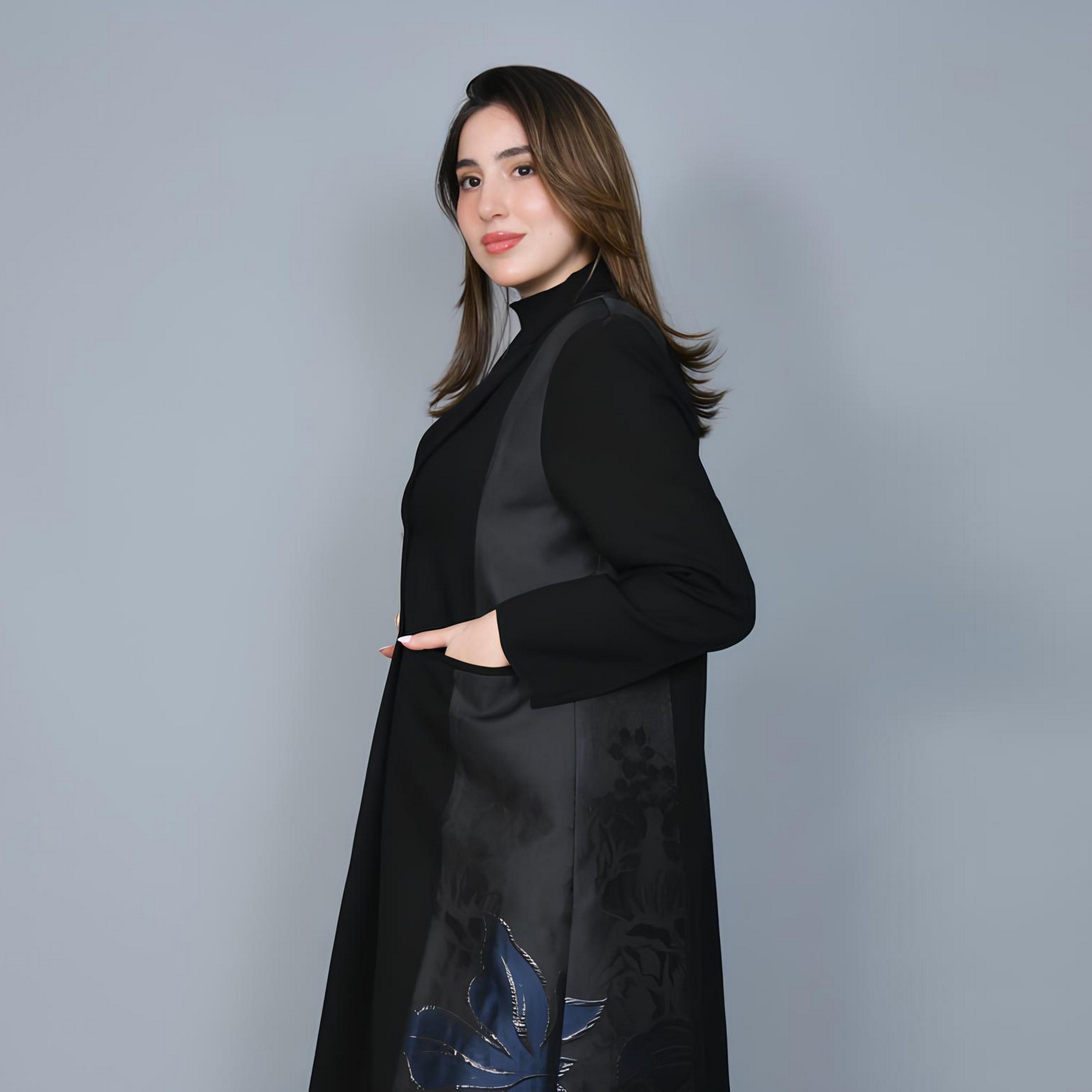 Hawraa Black Jacquard Floral Lapel Collar Linen Women's Formal Blazer Style Abaya-women-arabicclothing-abayas-image-3