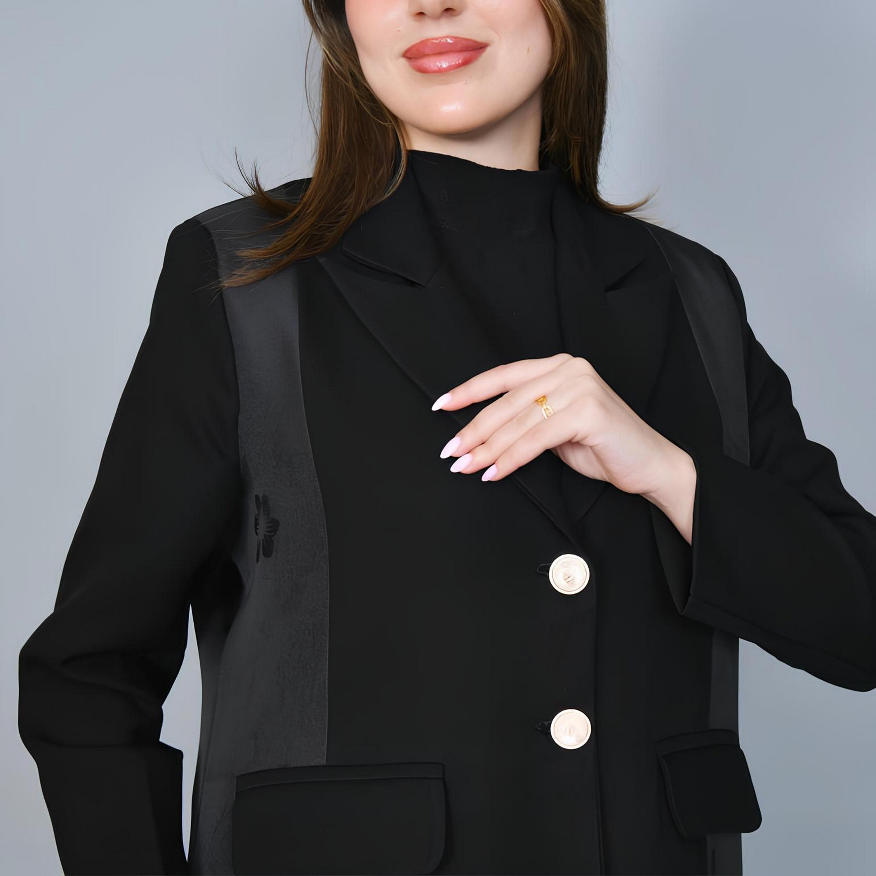 Hawraa Black Jacquard Floral Lapel Collar Linen Women's Formal Blazer Style Abaya-women-arabicclothing-abayas-image-4