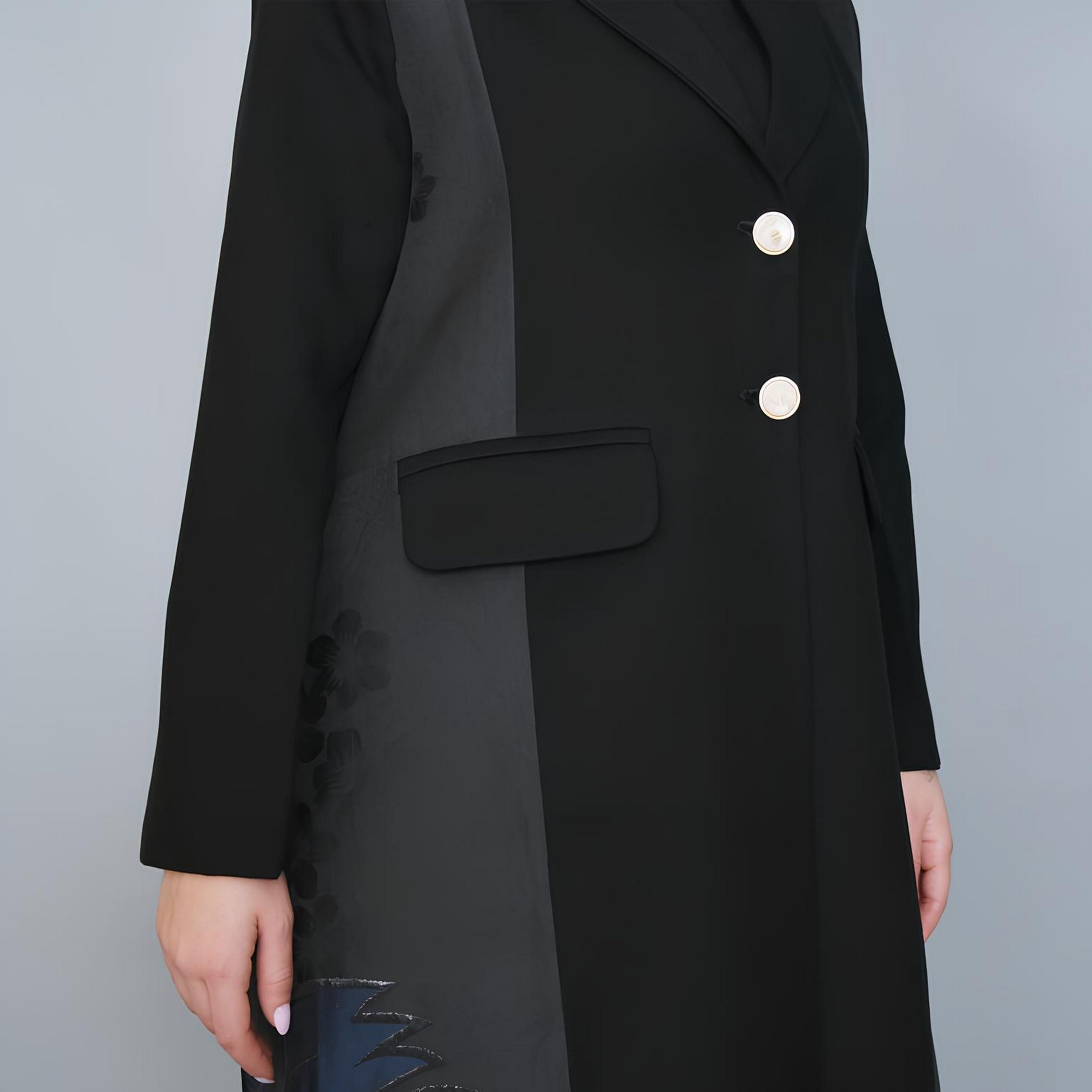 Hawraa Black Jacquard Floral Lapel Collar Linen Women's Formal Blazer Style Abaya-women-arabicclothing-abayas-image-5