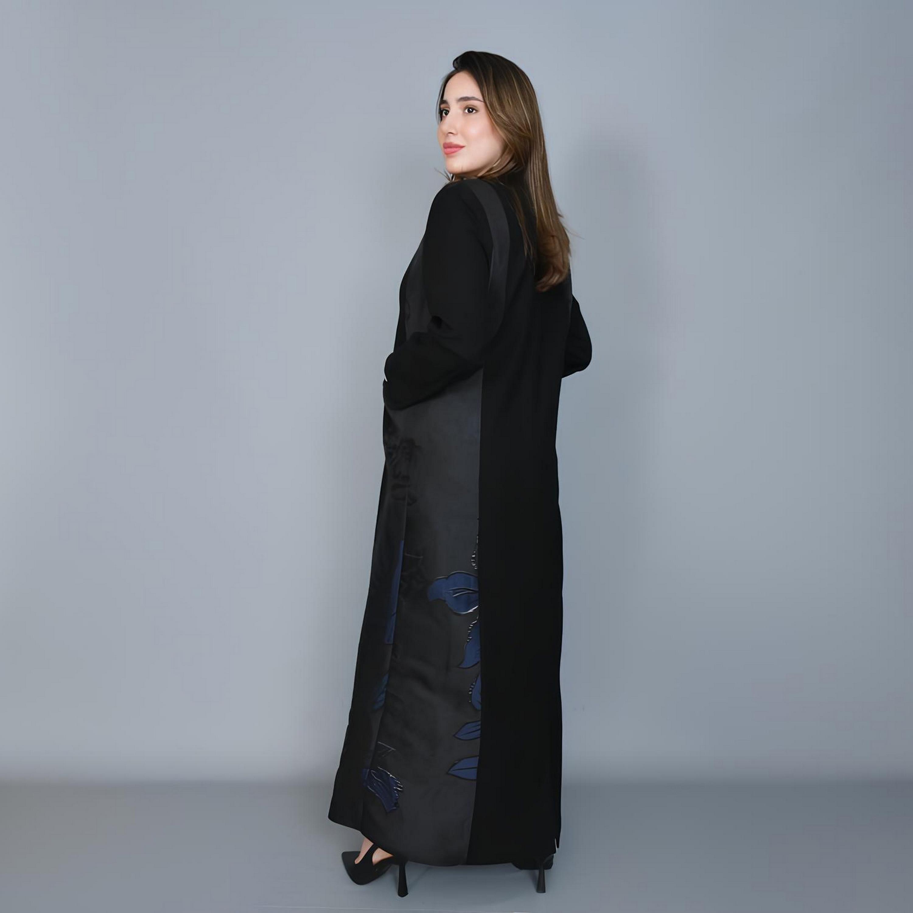 Hawraa Black Jacquard Floral Lapel Collar Linen Women's Formal Blazer Style Abaya-women-arabicclothing-abayas-image-6