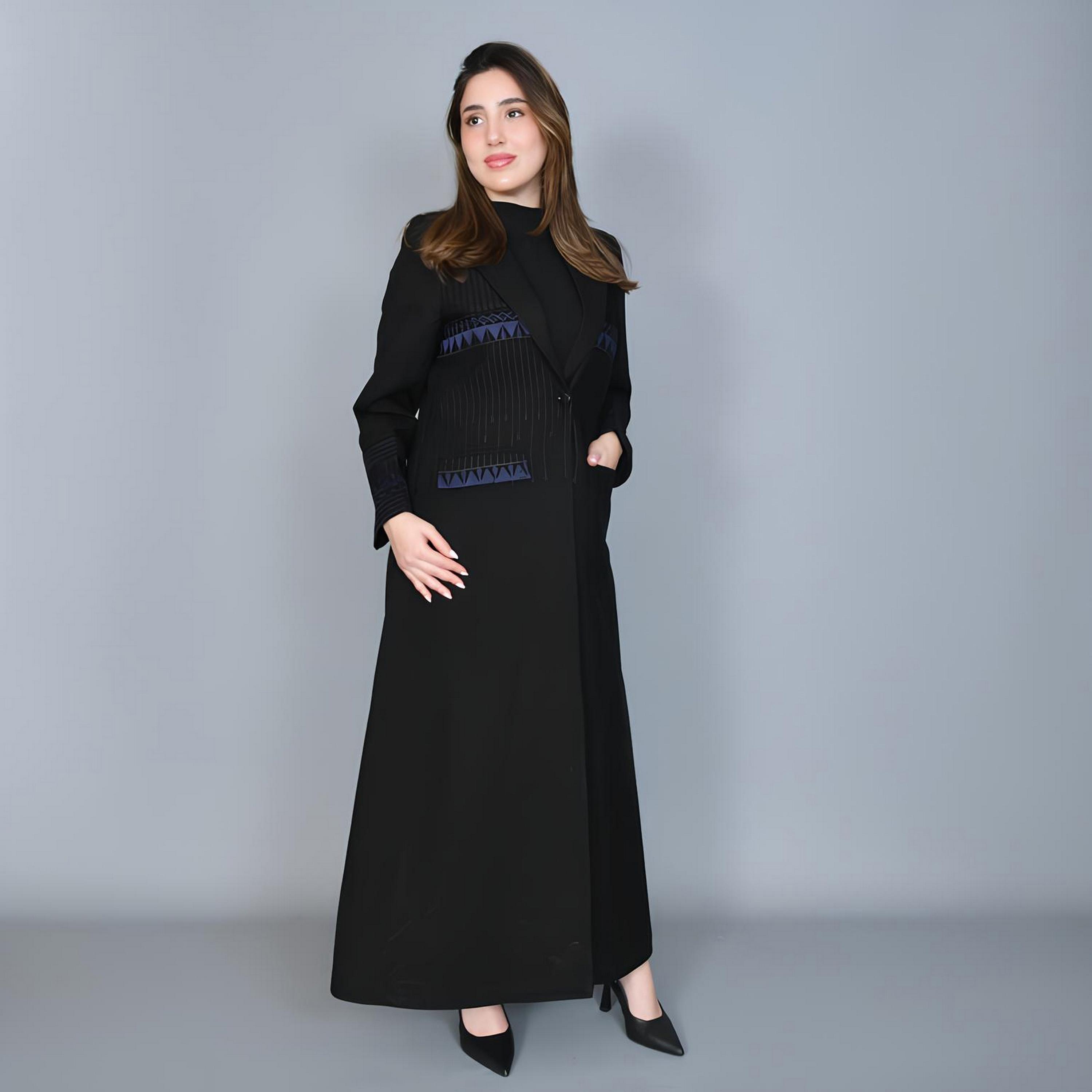 Hawraa Navy Blue Embroidered Lapel Collar Linen Women's Blazer Style Abaya-women-arabicclothing-abayas-image-1
