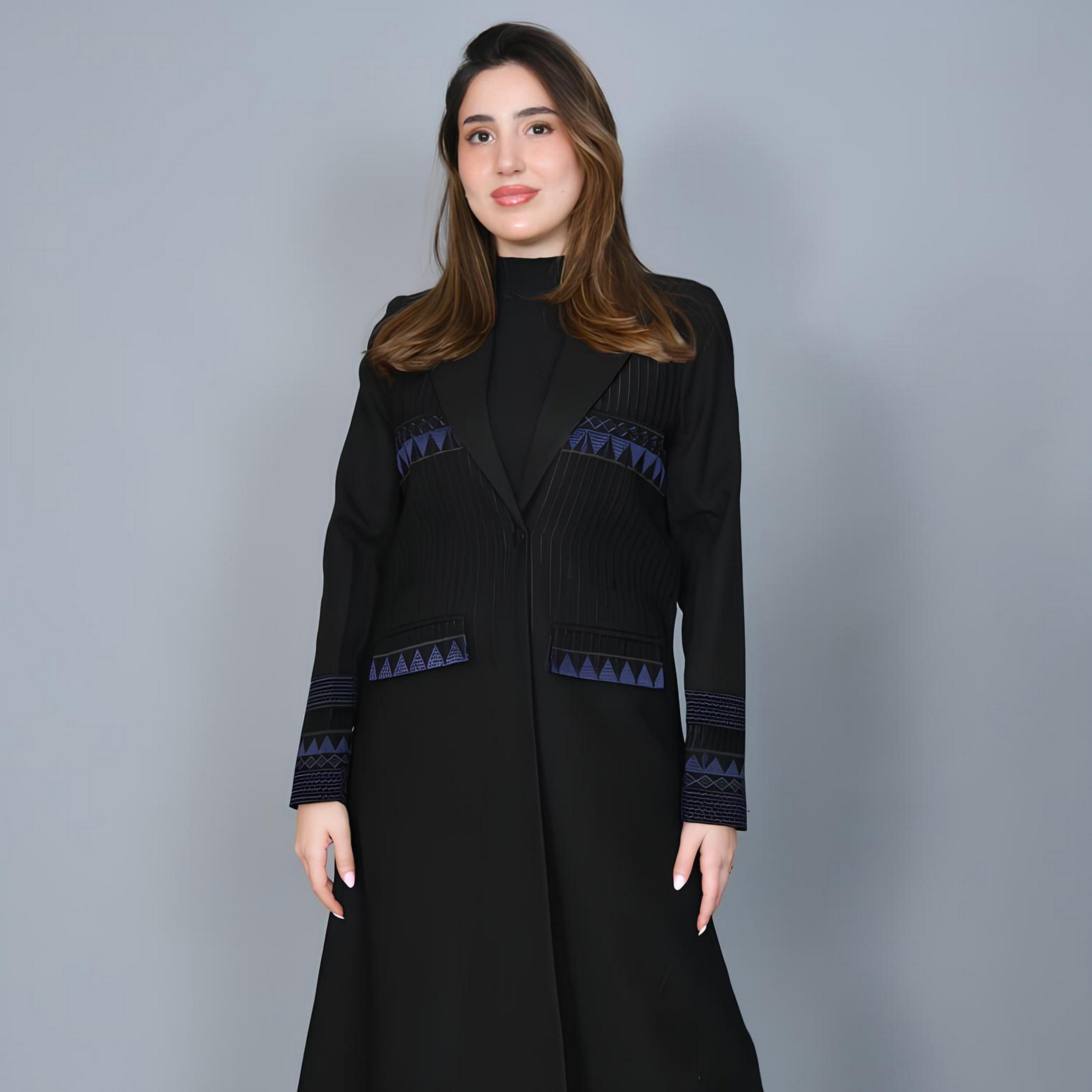 Hawraa Navy Blue Embroidered Lapel Collar Linen Women's Blazer Style Abaya-women-arabicclothing-abayas-image-2