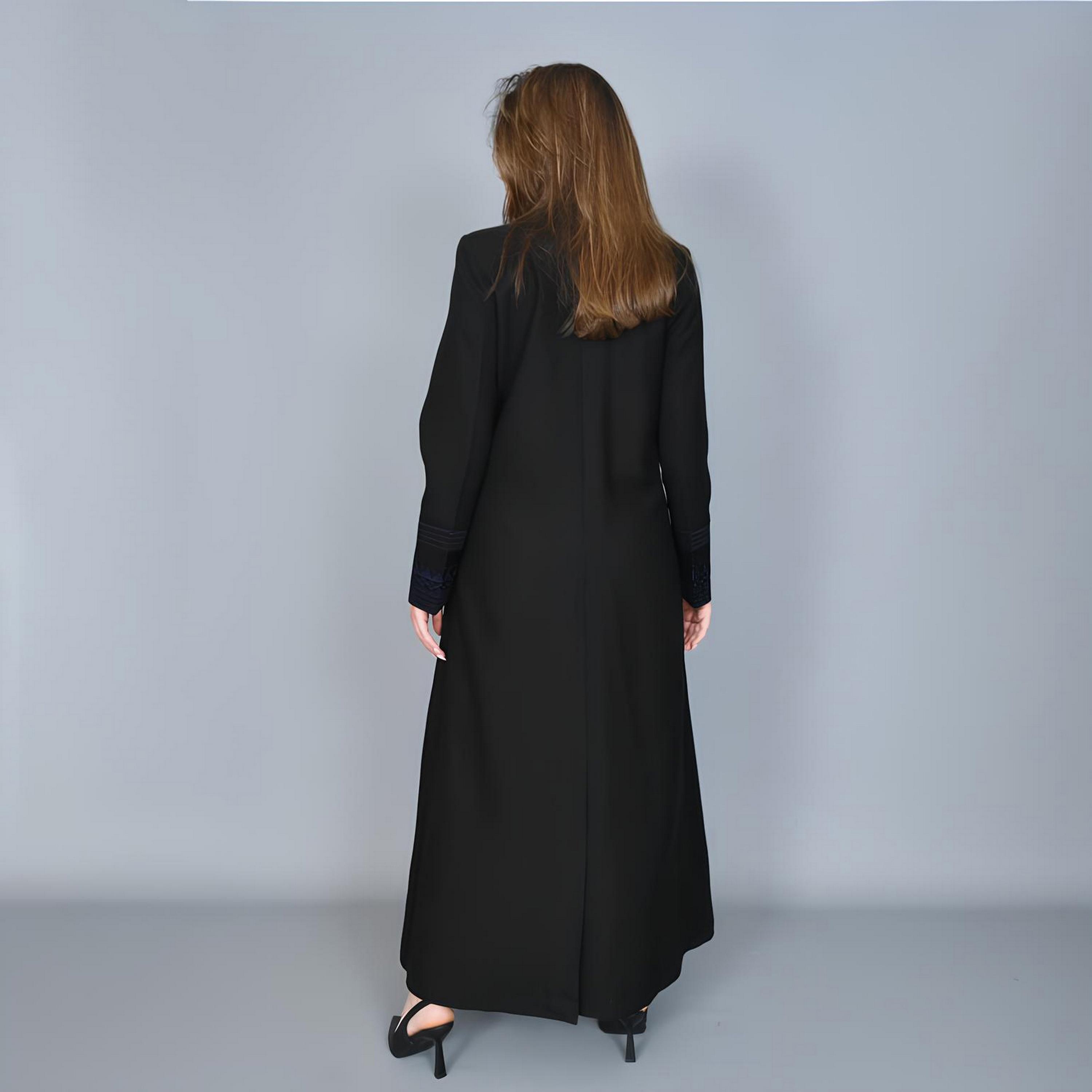 Hawraa Navy Blue Embroidered Lapel Collar Linen Women's Blazer Style Abaya-women-arabicclothing-abayas-image-3