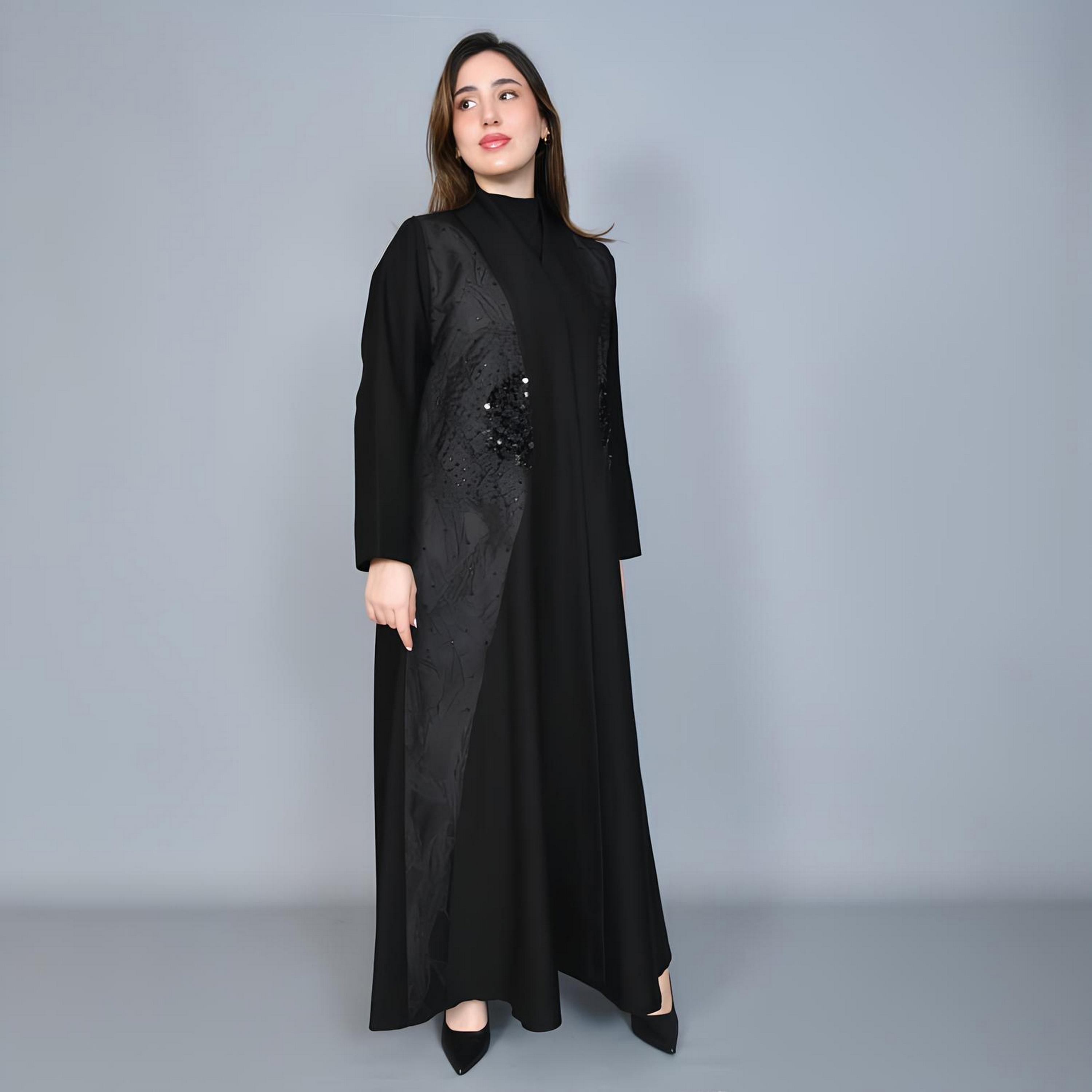 Hawraa Black Jacquard & Beaded Linen Women's Evening Abaya-women-arabicclothing-abayas-image-1