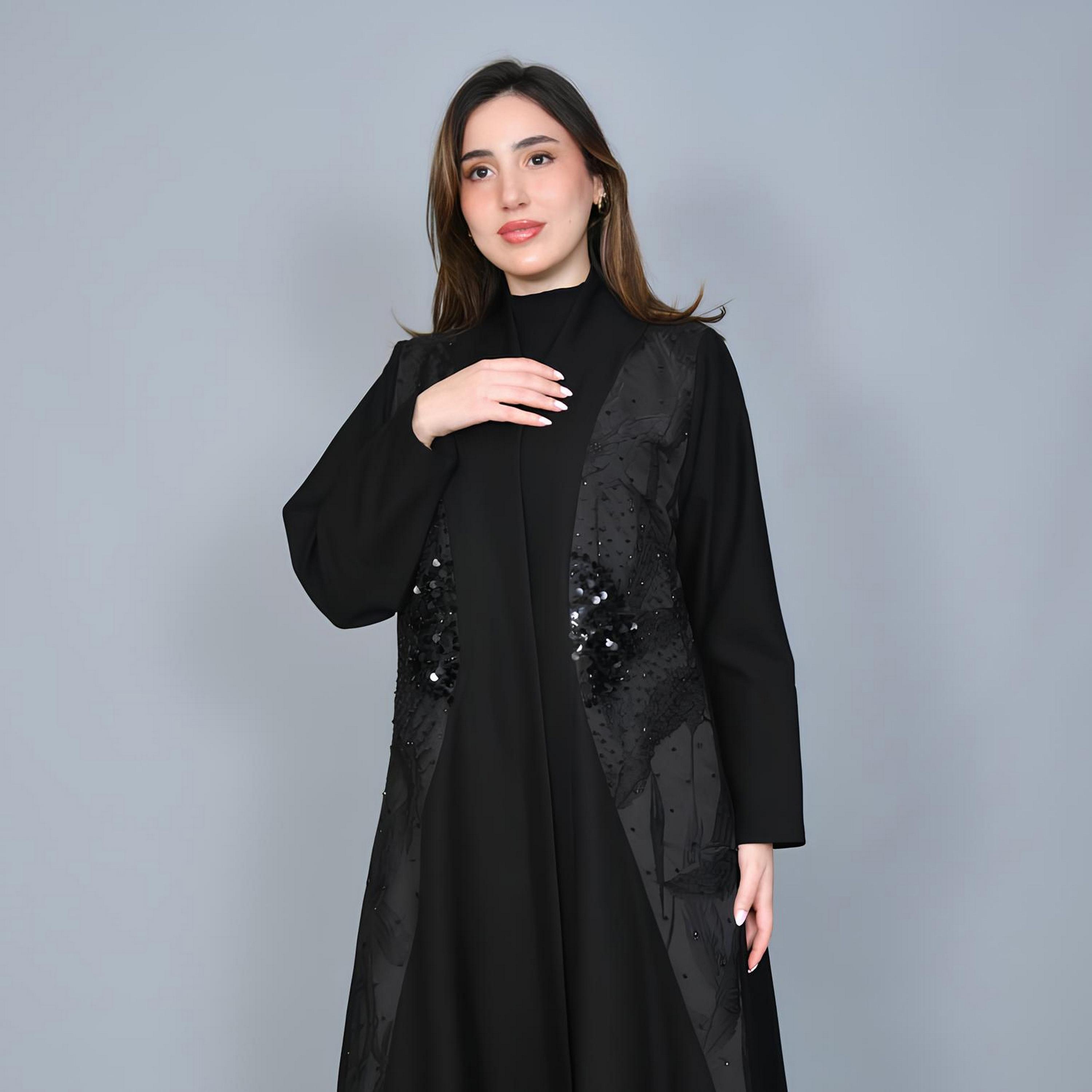 Hawraa Black Jacquard & Beaded Linen Women's Evening Abaya-women-arabicclothing-abayas-image-2