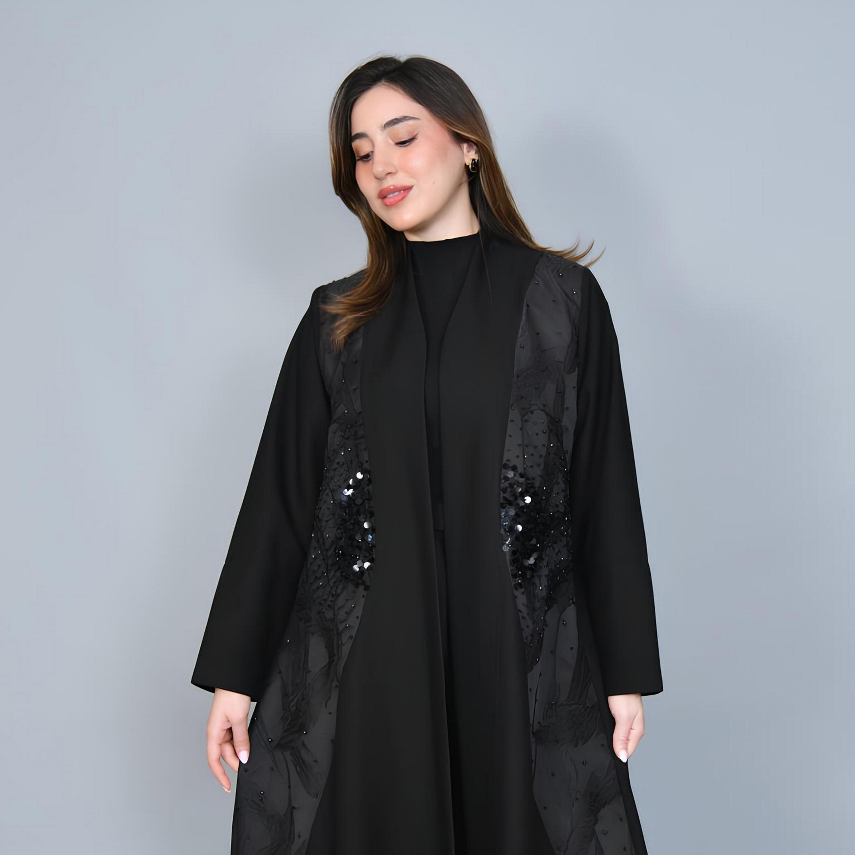 Hawraa Black Jacquard & Beaded Linen Women's Evening Abaya-women-arabicclothing-abayas-image-3