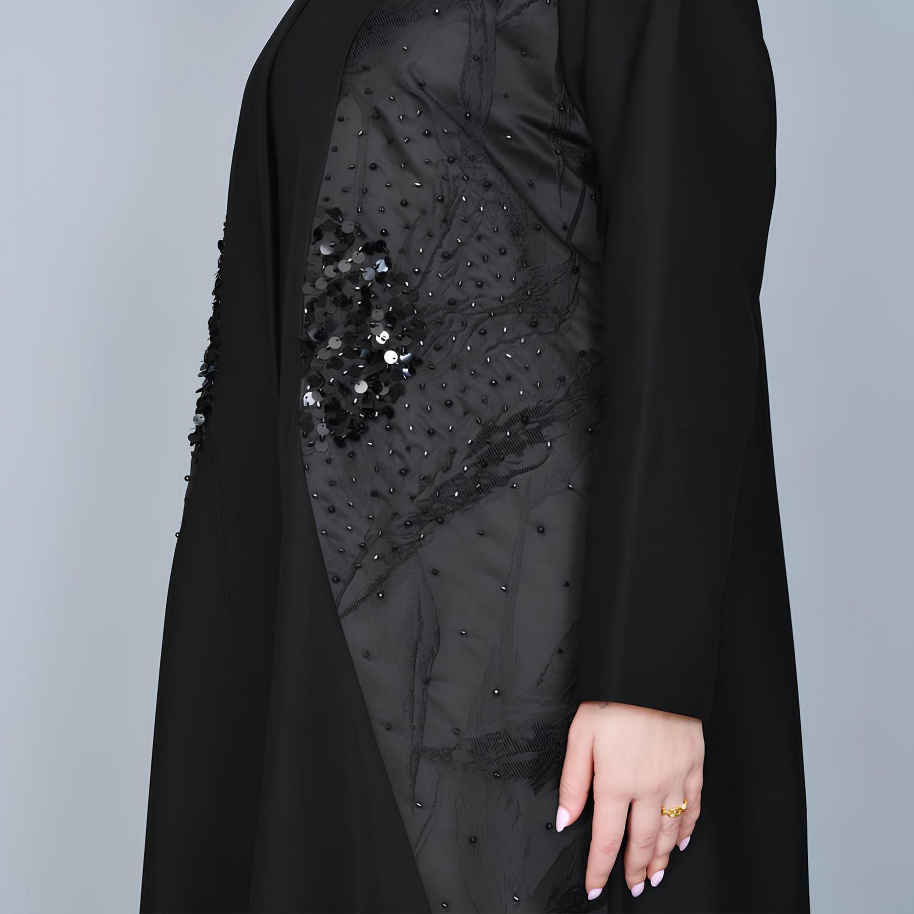Hawraa Black Jacquard & Beaded Linen Women's Evening Abaya-women-arabicclothing-abayas-image-4
