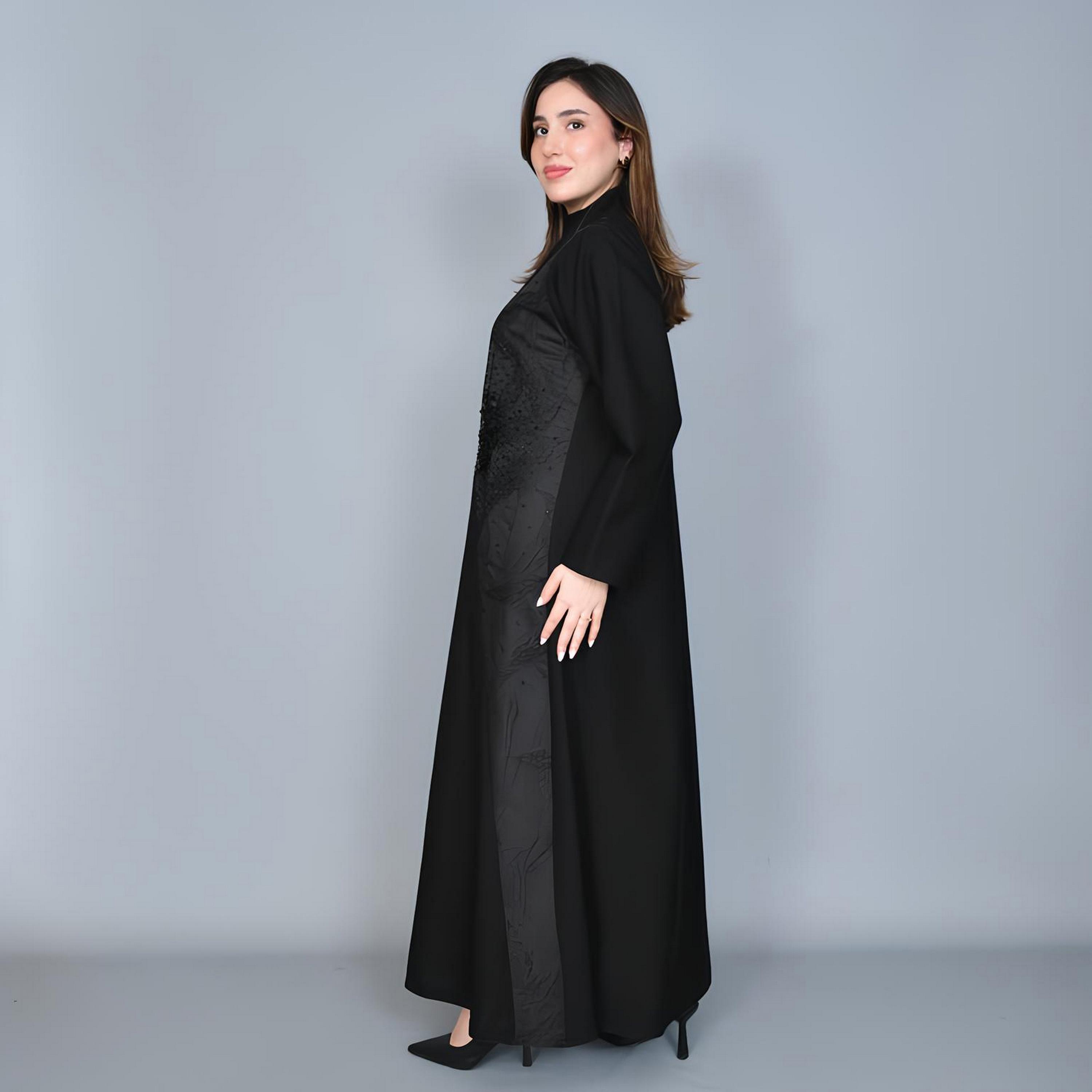 Hawraa Black Jacquard & Beaded Linen Women's Evening Abaya-women-arabicclothing-abayas-image-5