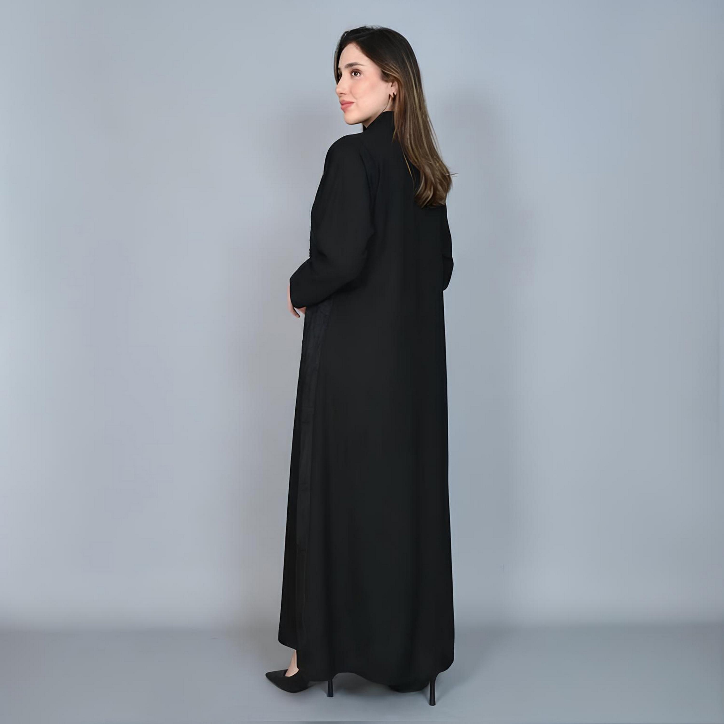 Hawraa Black Jacquard & Beaded Linen Women's Evening Abaya-women-arabicclothing-abayas-image-6
