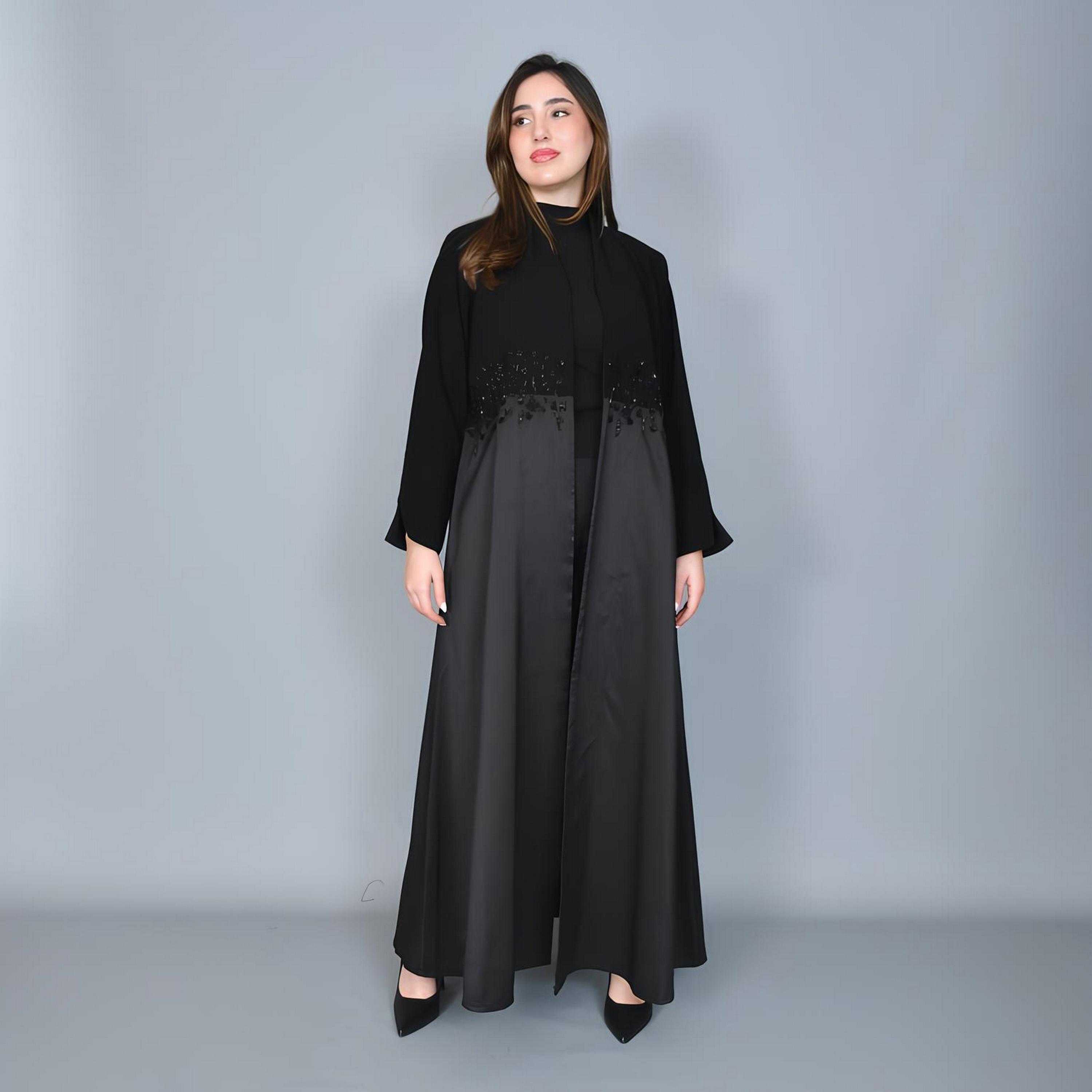 Hawraa Grey Dual Tone Beaded Linen Women's Evening Abaya-women-arabicclothing-abayas-image-1