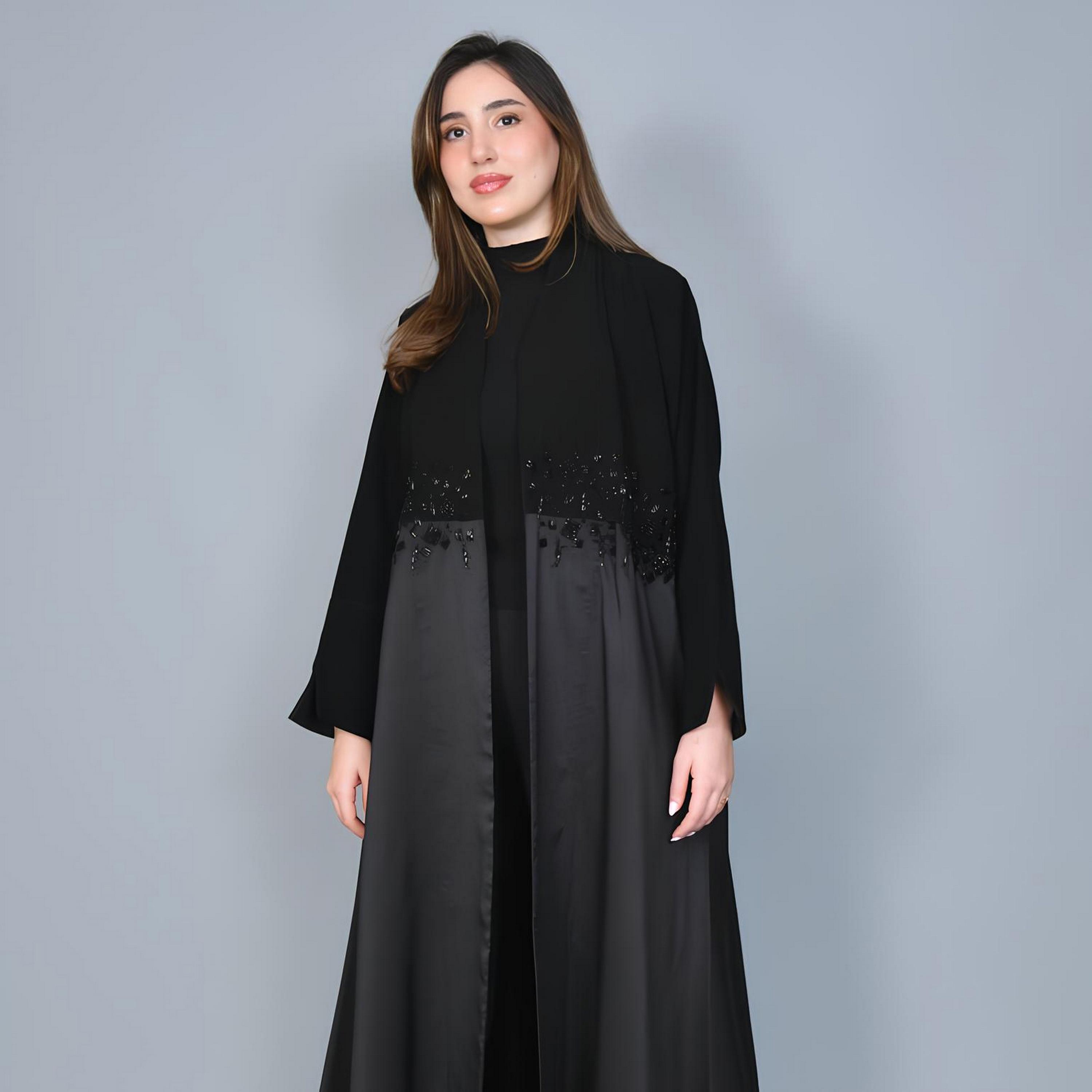 Hawraa Grey Dual Tone Beaded Linen Women's Evening Abaya-women-arabicclothing-abayas-image-2