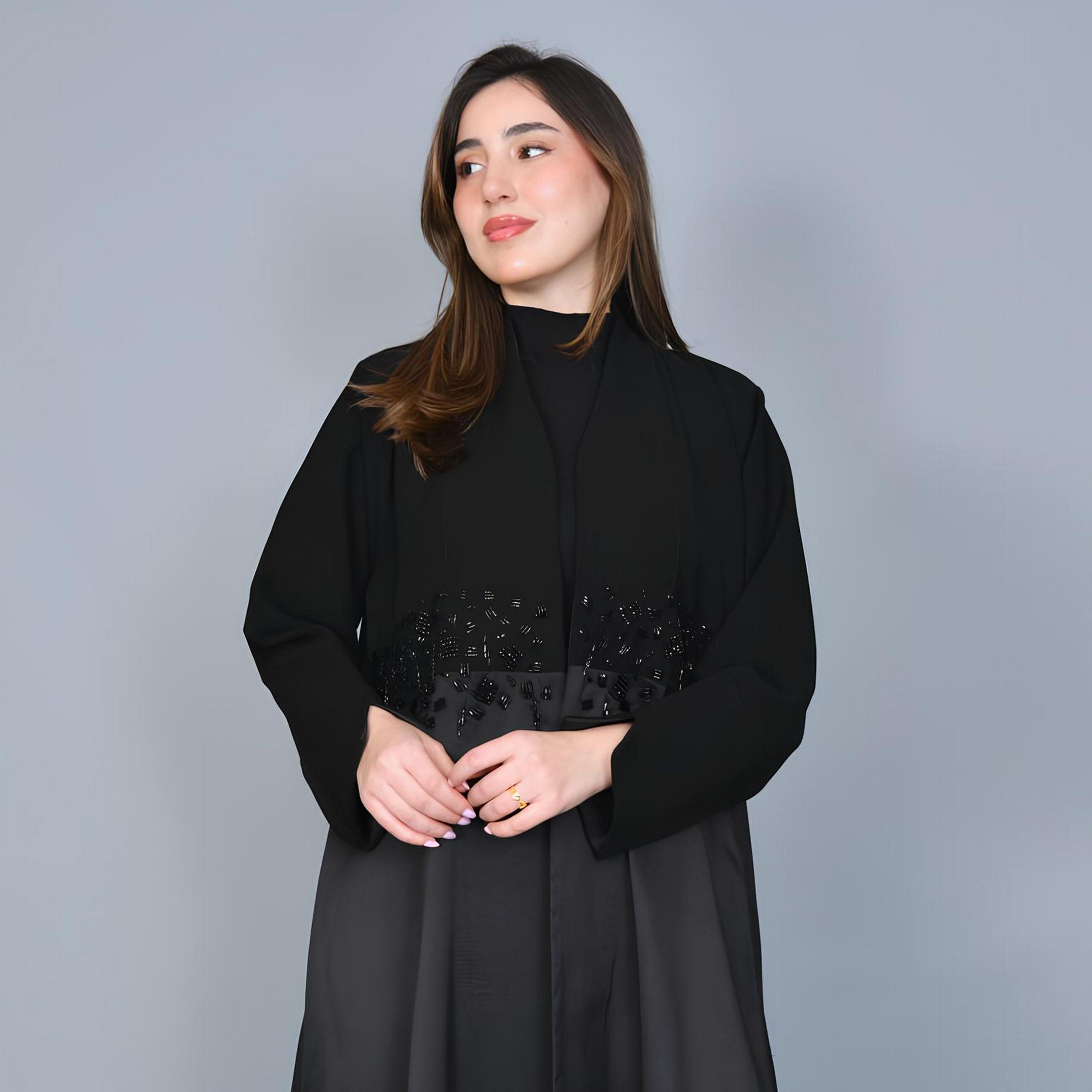 Hawraa Grey Dual Tone Beaded Linen Women's Evening Abaya-women-arabicclothing-abayas-image-3