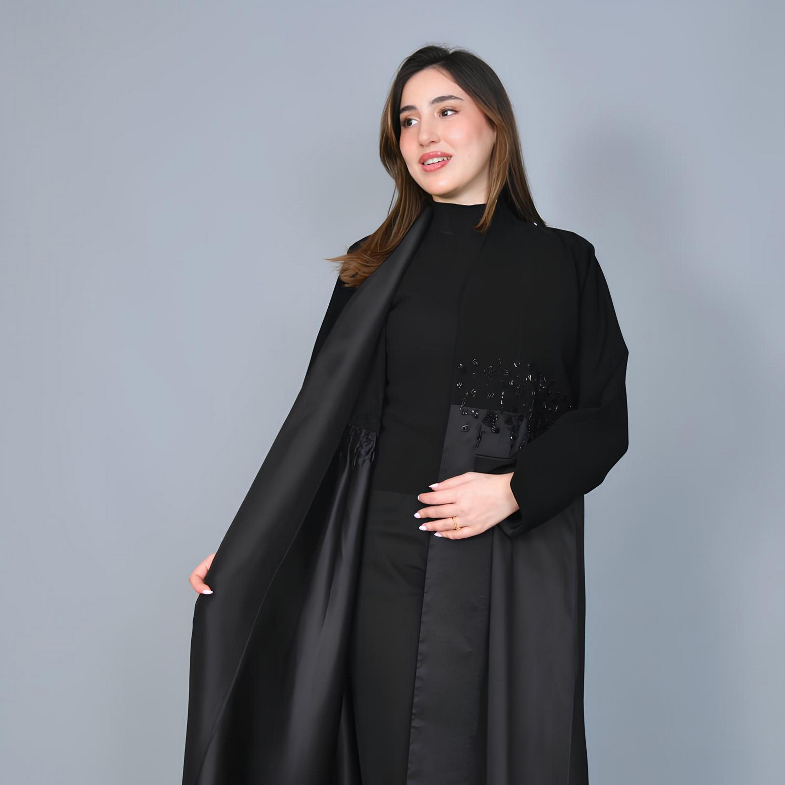 Hawraa Grey Dual Tone Beaded Linen Women's Evening Abaya-women-arabicclothing-abayas-image-4