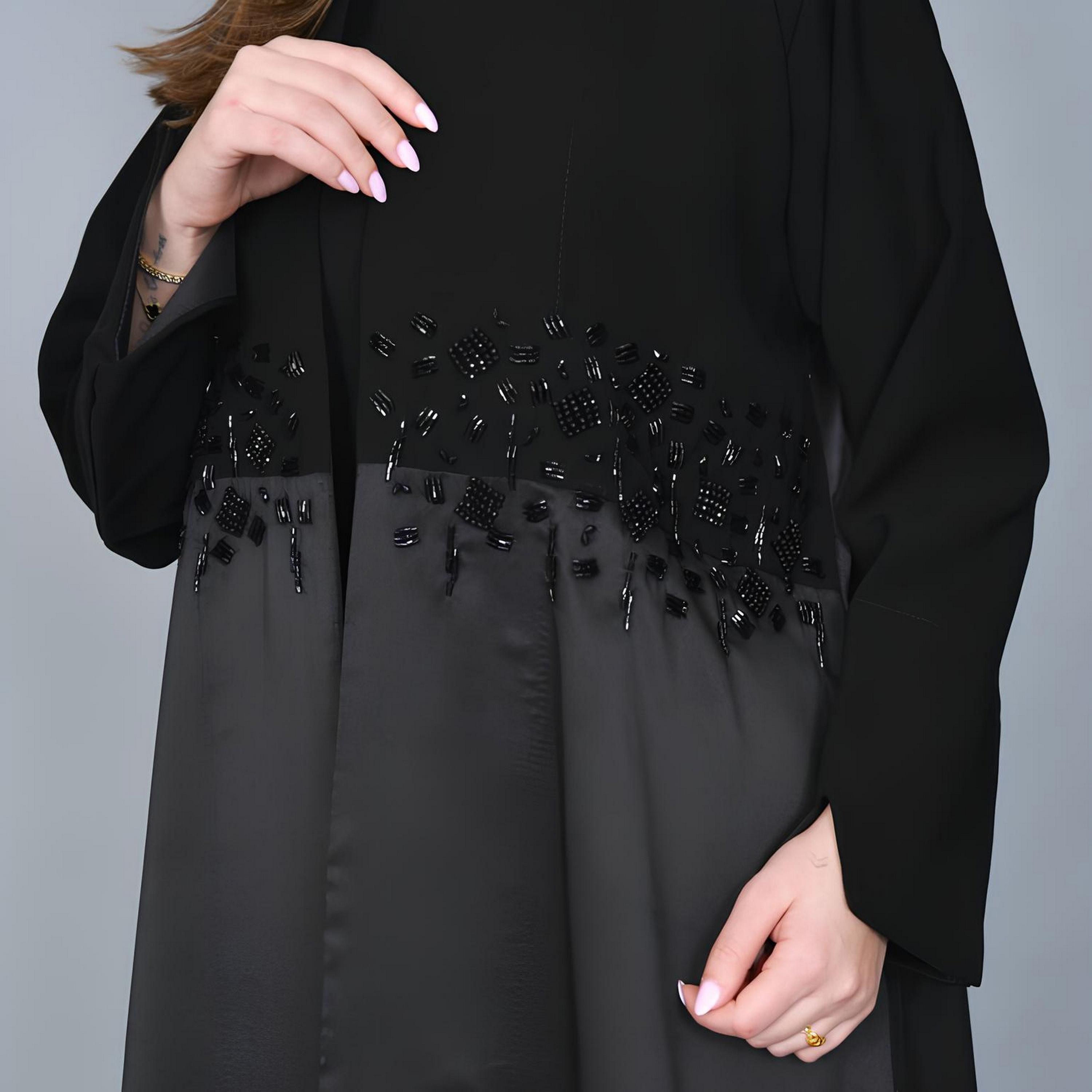 Hawraa Grey Dual Tone Beaded Linen Women's Evening Abaya-women-arabicclothing-abayas-image-5