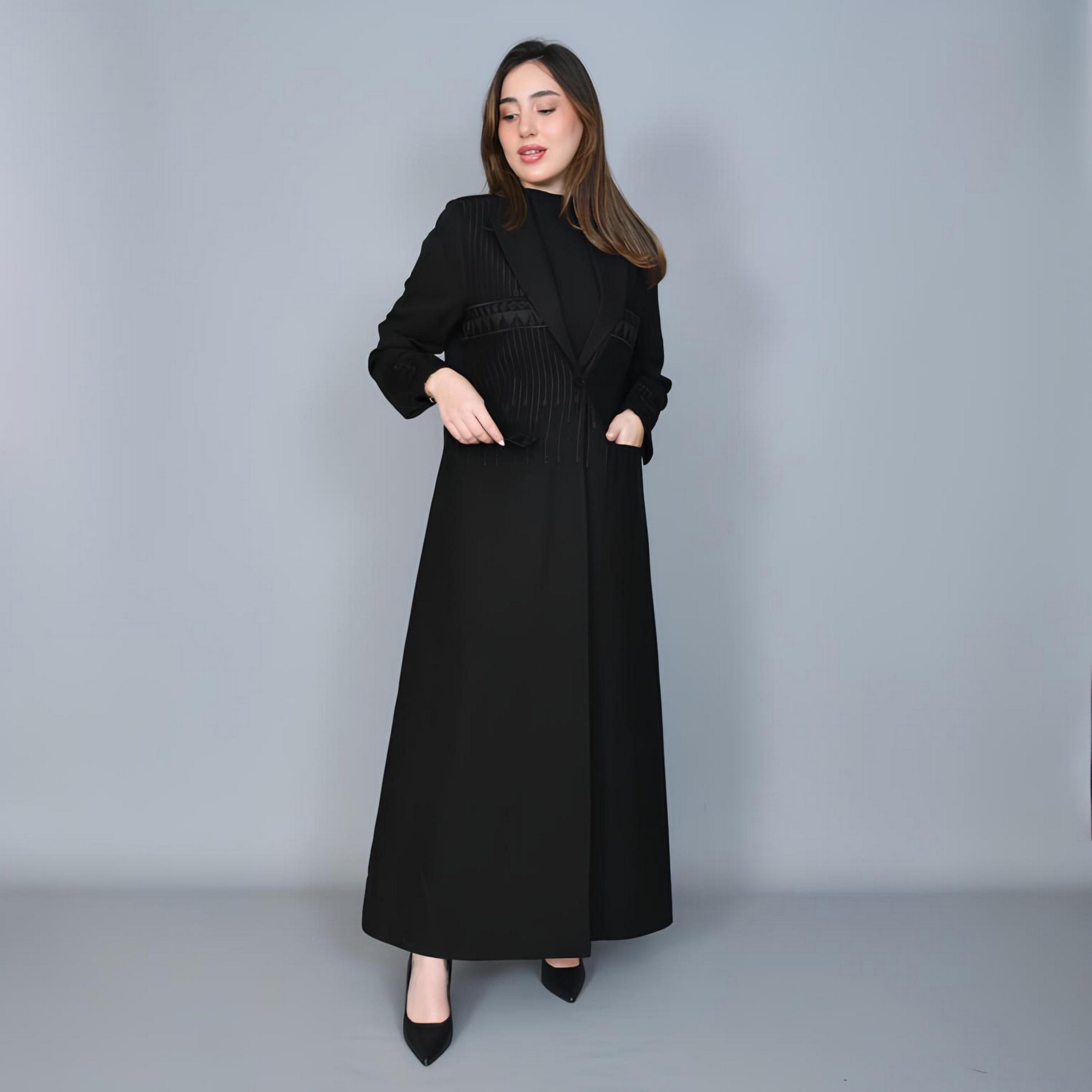 Hawraa Black Embroidered Lapel Collar Linen Women's Formal Blazer Style Abaya-women-arabicclothing-abayas-image-1