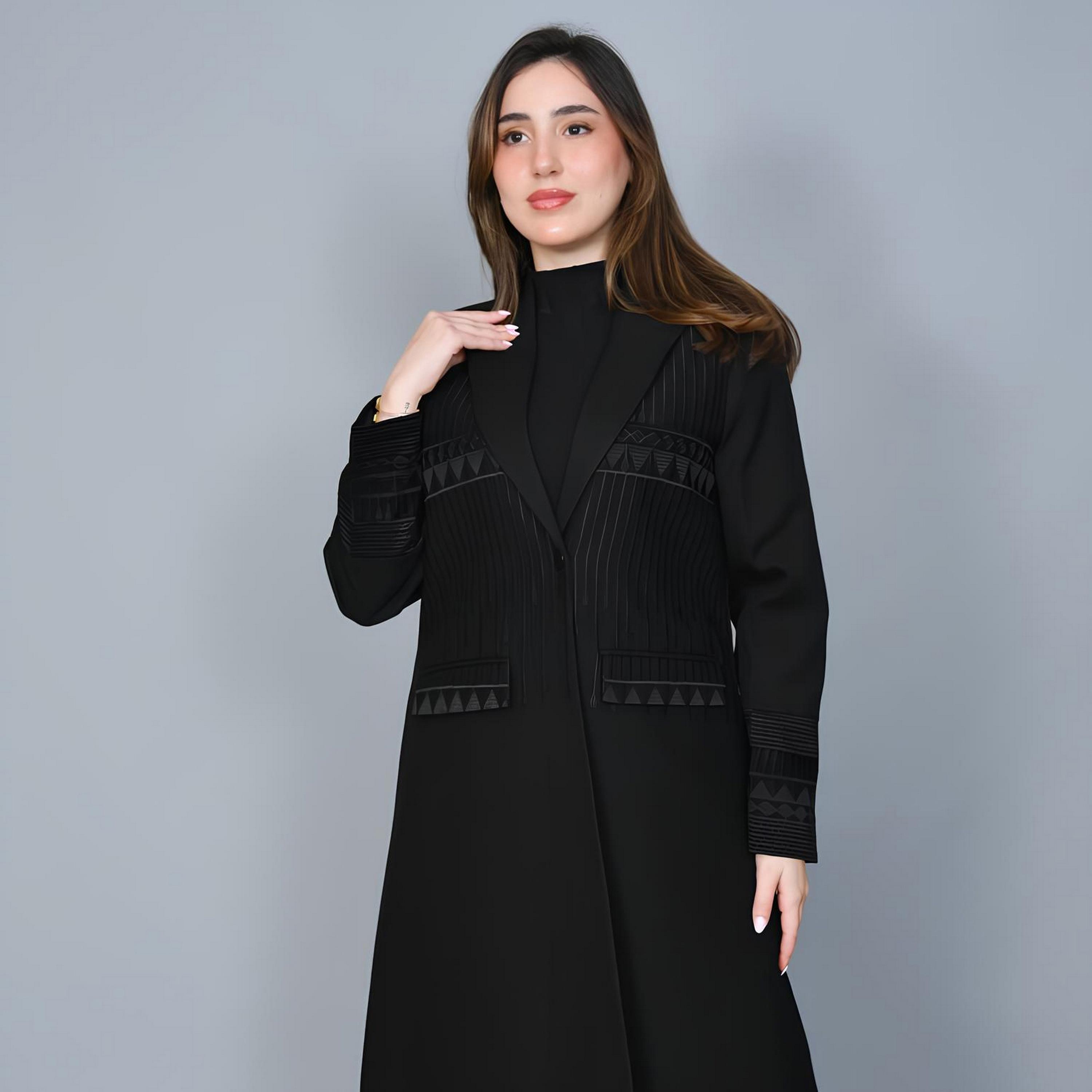 Hawraa Black Embroidered Lapel Collar Linen Women's Formal Blazer Style Abaya-women-arabicclothing-abayas-image-2