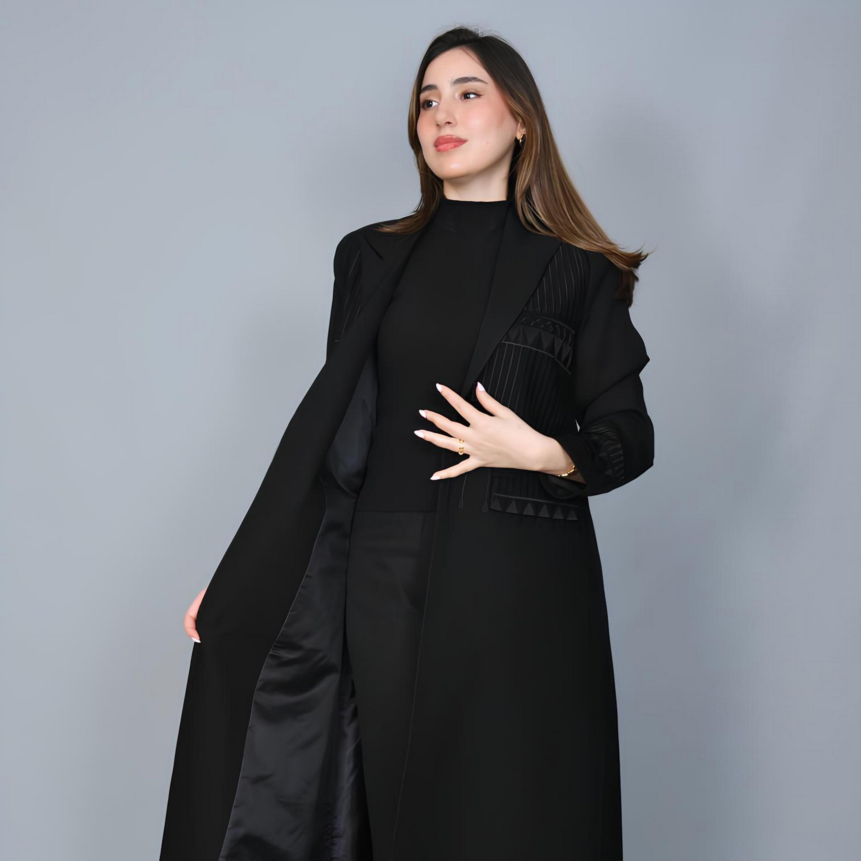 Hawraa Black Embroidered Lapel Collar Linen Women's Formal Blazer Style Abaya-women-arabicclothing-abayas-image-3