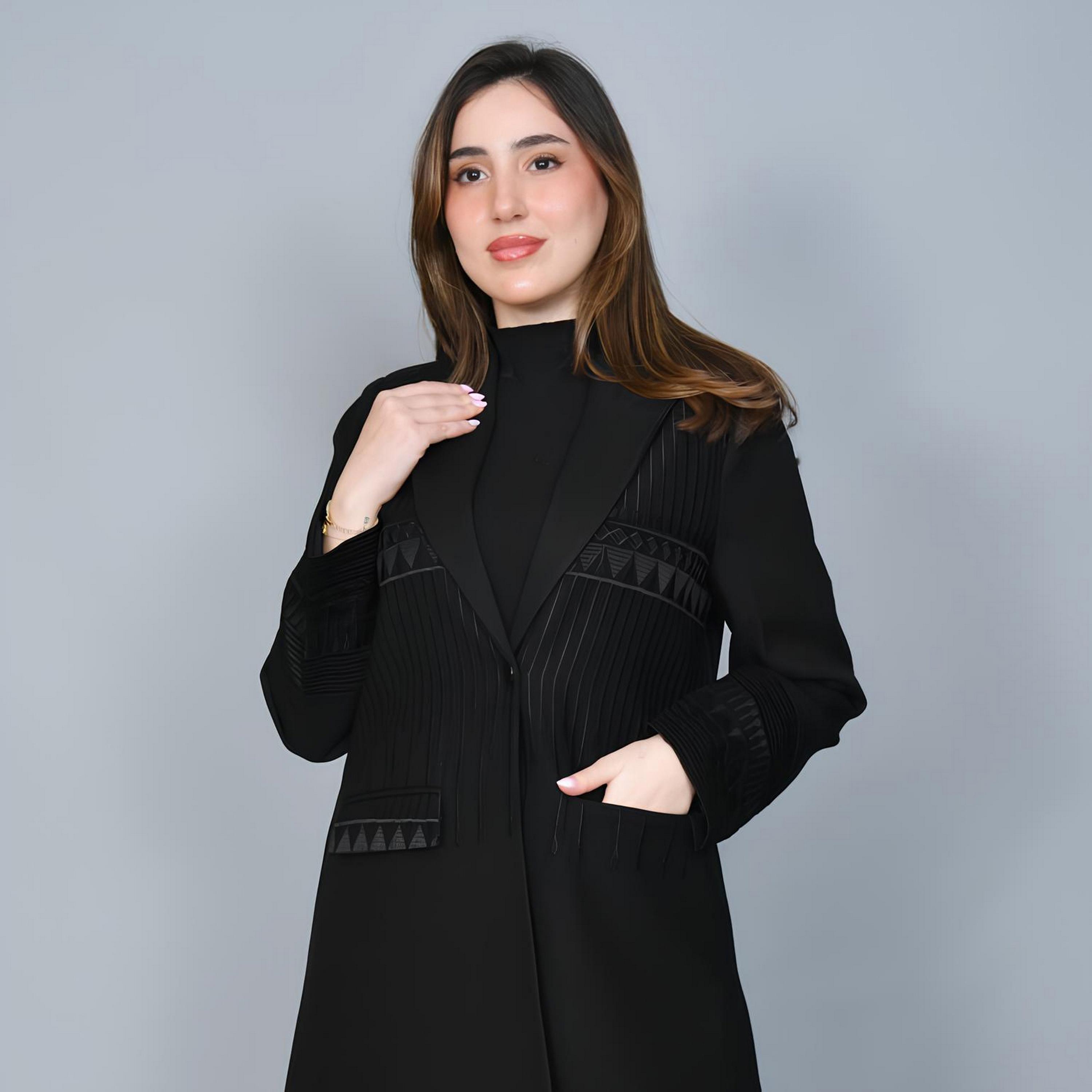 Hawraa Black Embroidered Lapel Collar Linen Women's Formal Blazer Style Abaya-women-arabicclothing-abayas-image-4