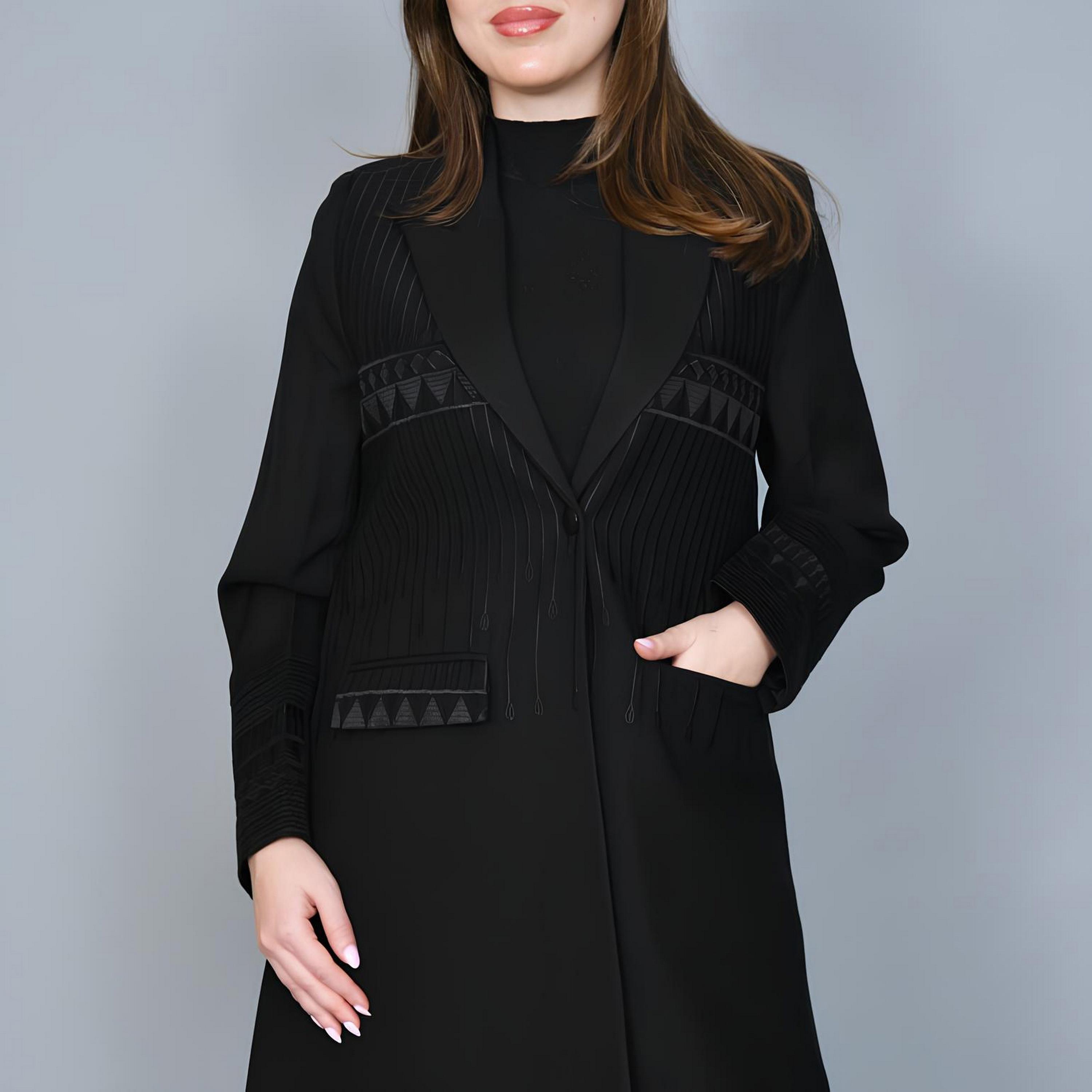 Hawraa Black Embroidered Lapel Collar Linen Women's Formal Blazer Style Abaya-women-arabicclothing-abayas-image-5