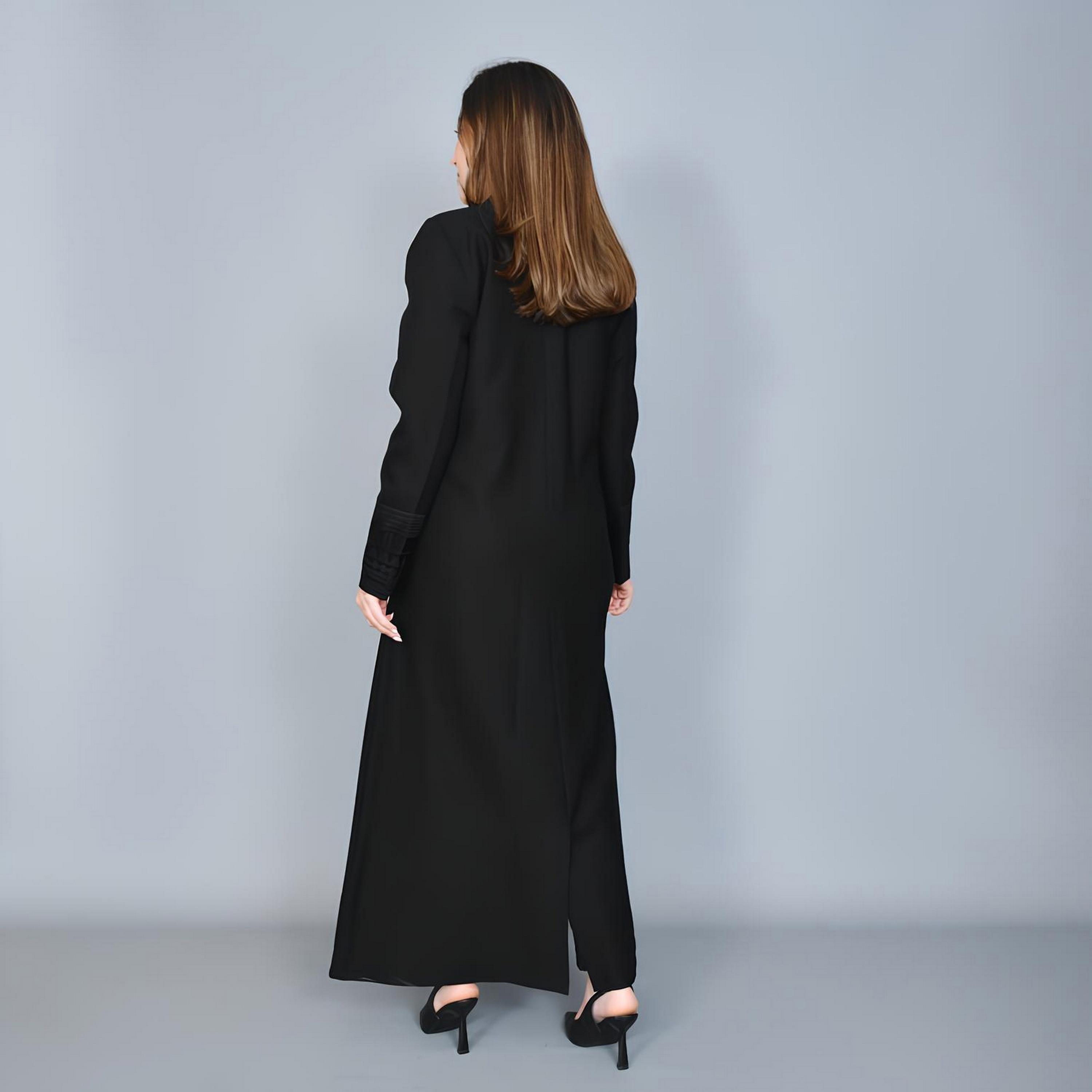 Hawraa Black Embroidered Lapel Collar Linen Women's Formal Blazer Style Abaya-women-arabicclothing-abayas-image-6