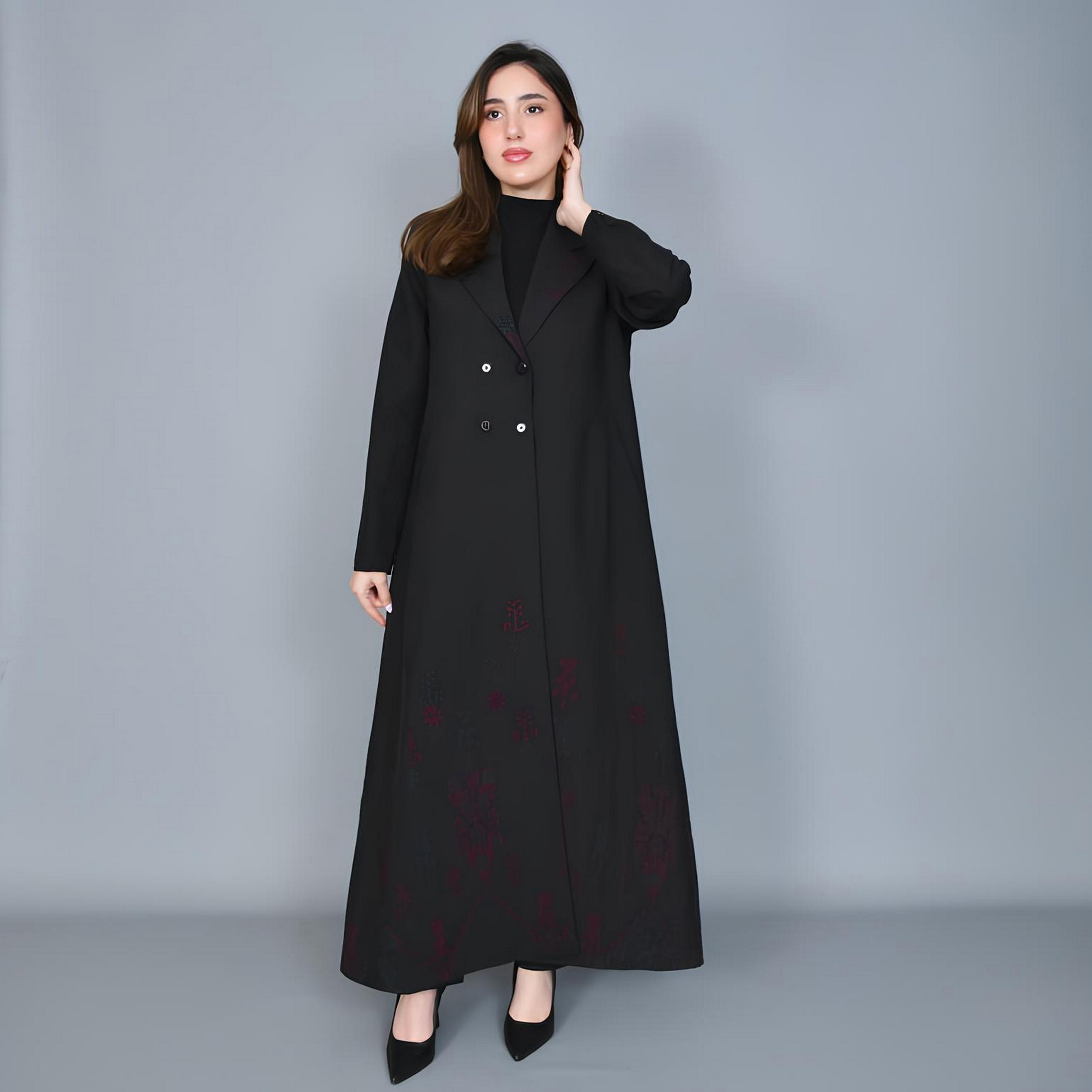 Hawraa Black Embroidered Lapel Collar Linen Women's Formal Blazer Style Abaya-women-arabicclothing-abayas-image-1