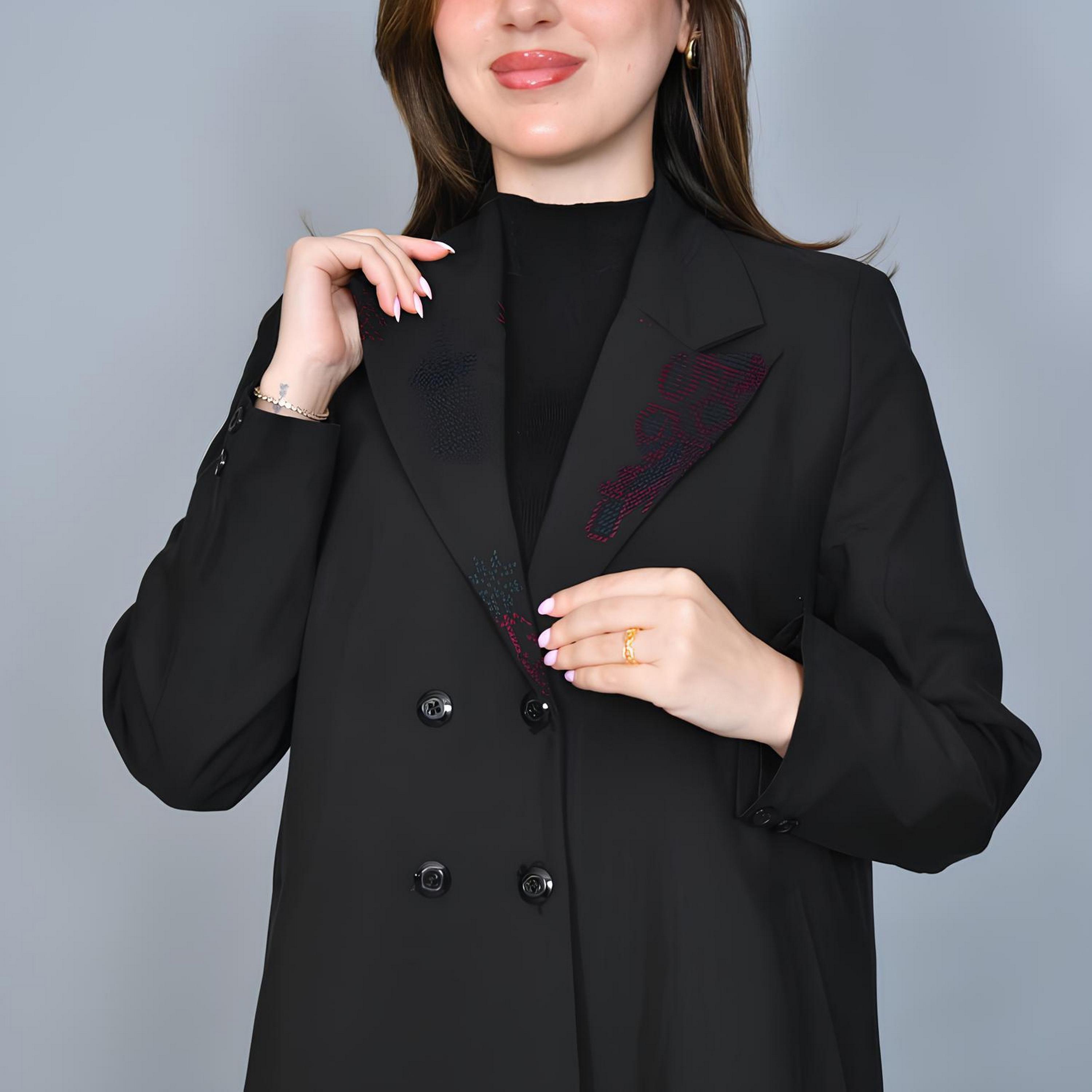 Hawraa Black Embroidered Lapel Collar Linen Women's Formal Blazer Style Abaya-women-arabicclothing-abayas-image-2